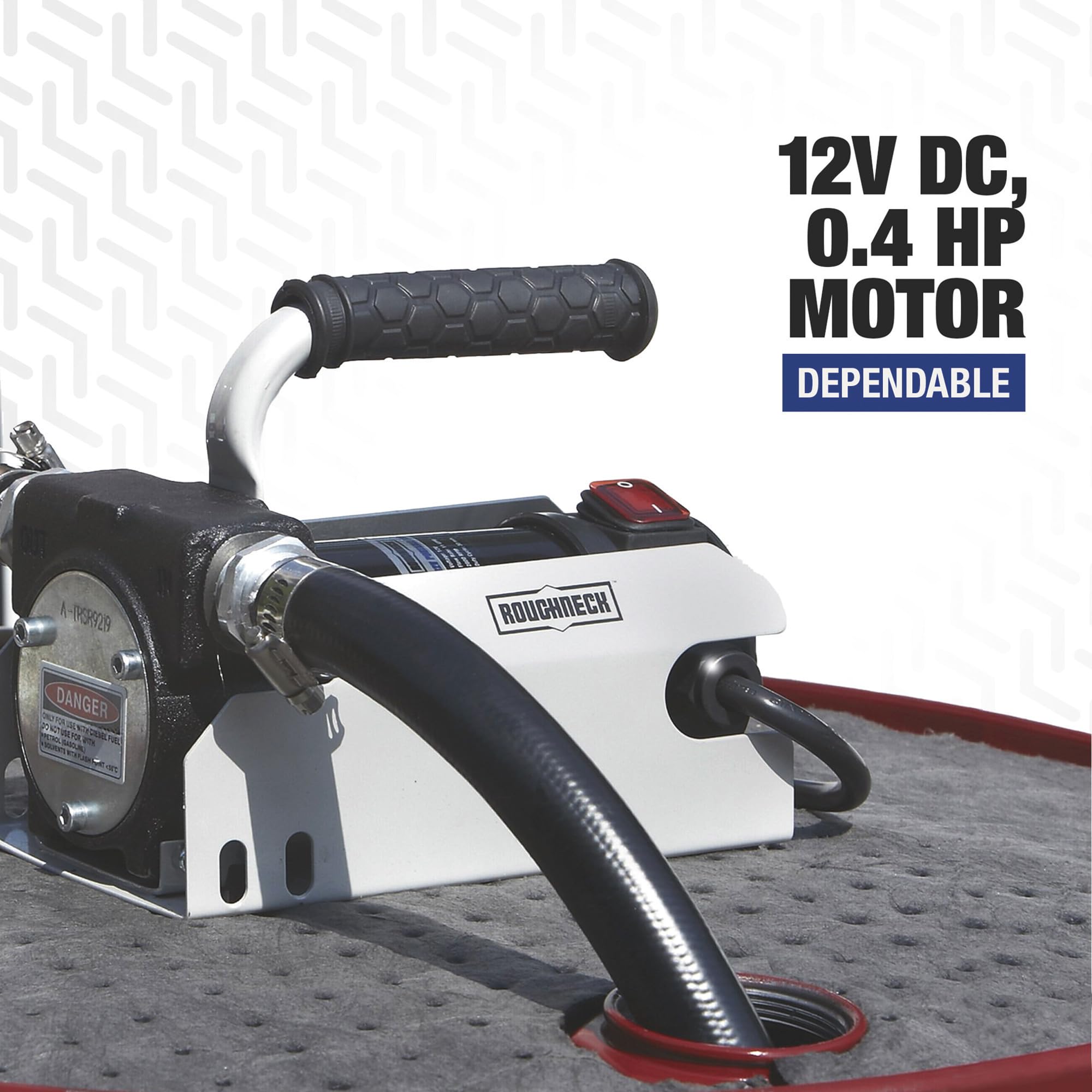 Roughneck 12V Fuel Transfer Pump - 11 GPM High Flow, Manual Nozzle with 5ft Hose for Gasoline, Diesel & Kerosene | Perfect for Farm Equipment, Boat Fueling & Emergency Fuel Transfer