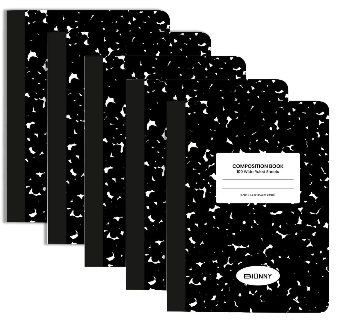 5-Pack Wide Ruled Composition Notebooks for School & College - 100 Sheets Each, 9.75