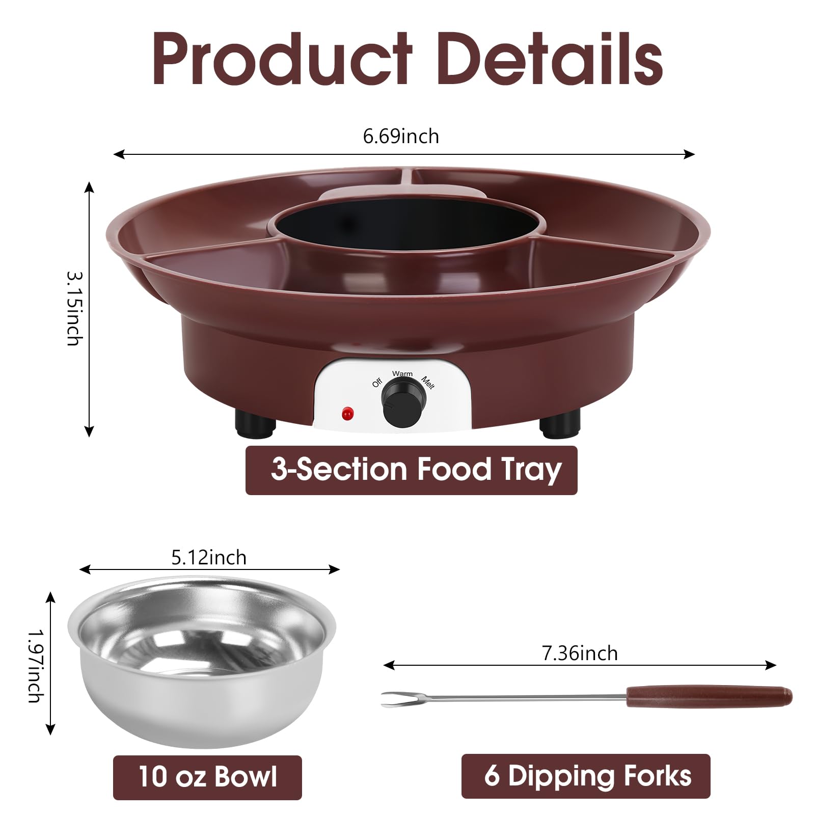 Electric Chocolate Fondue Pot Set with 3-Section Serving Tray & 6 Dipping Forks - Professional Melting Pot for Chocolate, Cheese & Candy - Perfect for Christmas Parties, Housewarming Gifts & Family Gatherings (Brown)