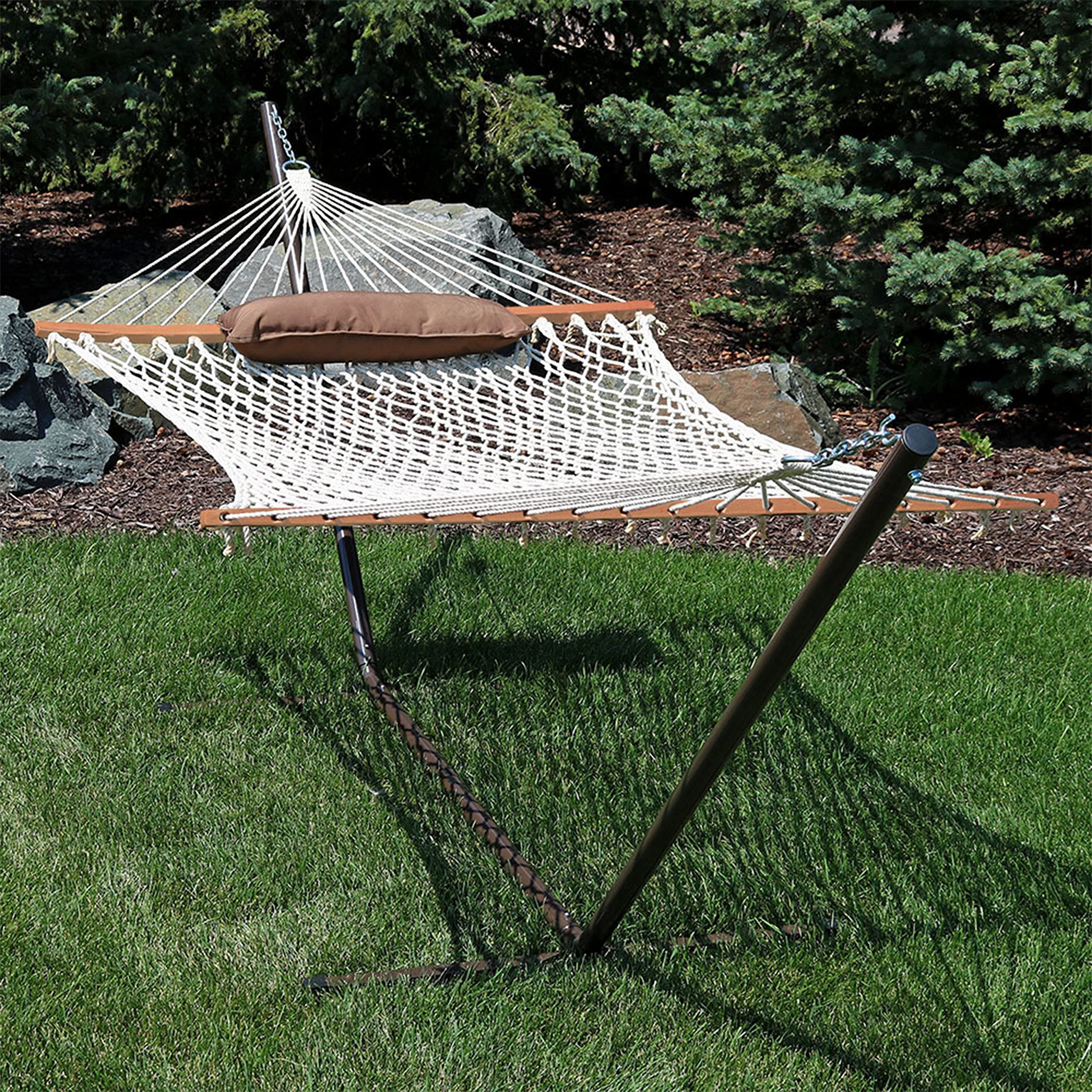 Sunnydaze 12-Foot Rope Hammock with Stand & Cushion - 275 lb Weight Capacity - Desert Stripe Design - Perfect for Backyard, Patio, Poolside & Outdoor Relaxation