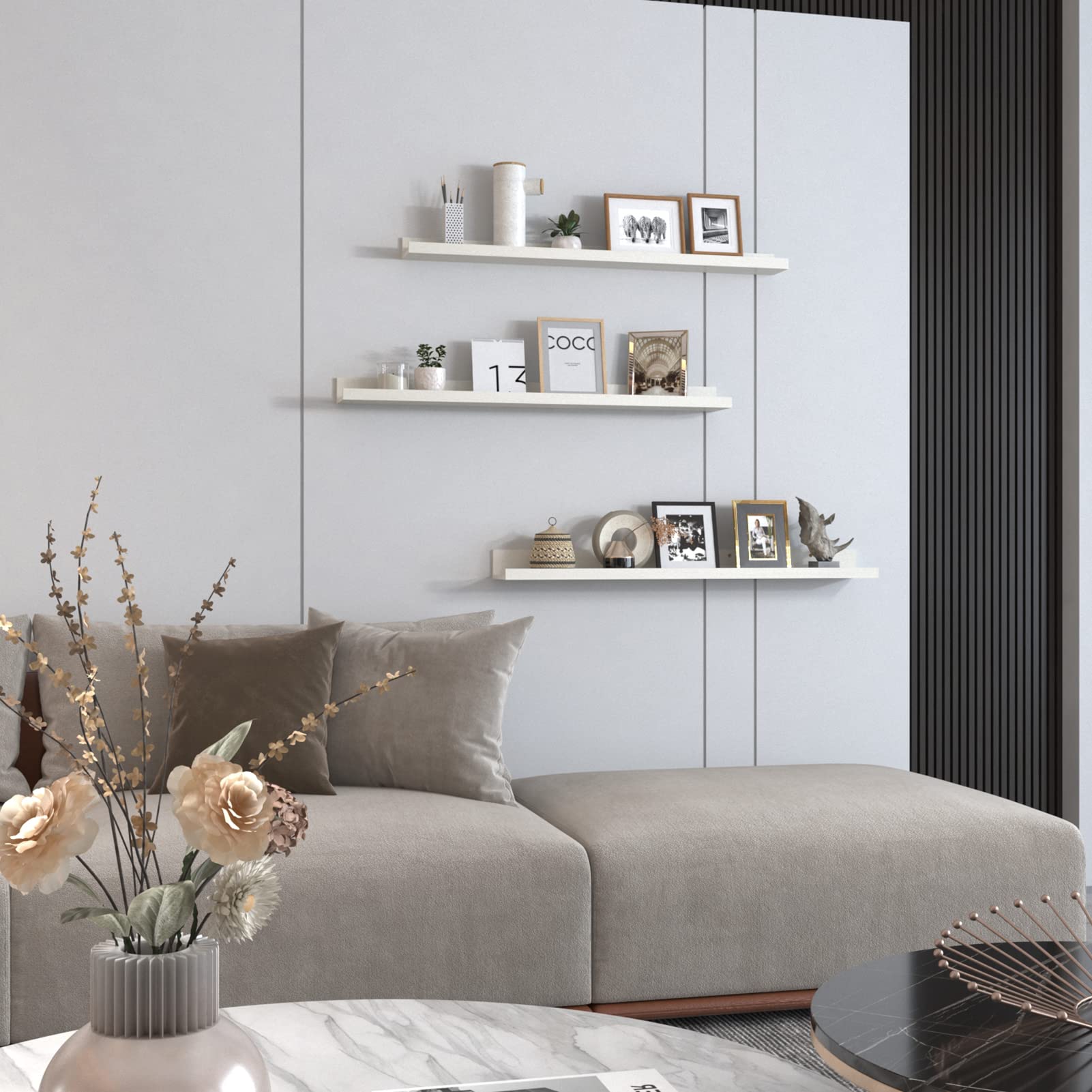 36 Inch Floating Shelves Set of 3 - Wooden Wall Mounted Picture Ledge Shelf for Living Room, Bathroom, Bedroom, Kitchen & Office - Creamy White - Perfect for Displaying Photos, Books & Decor