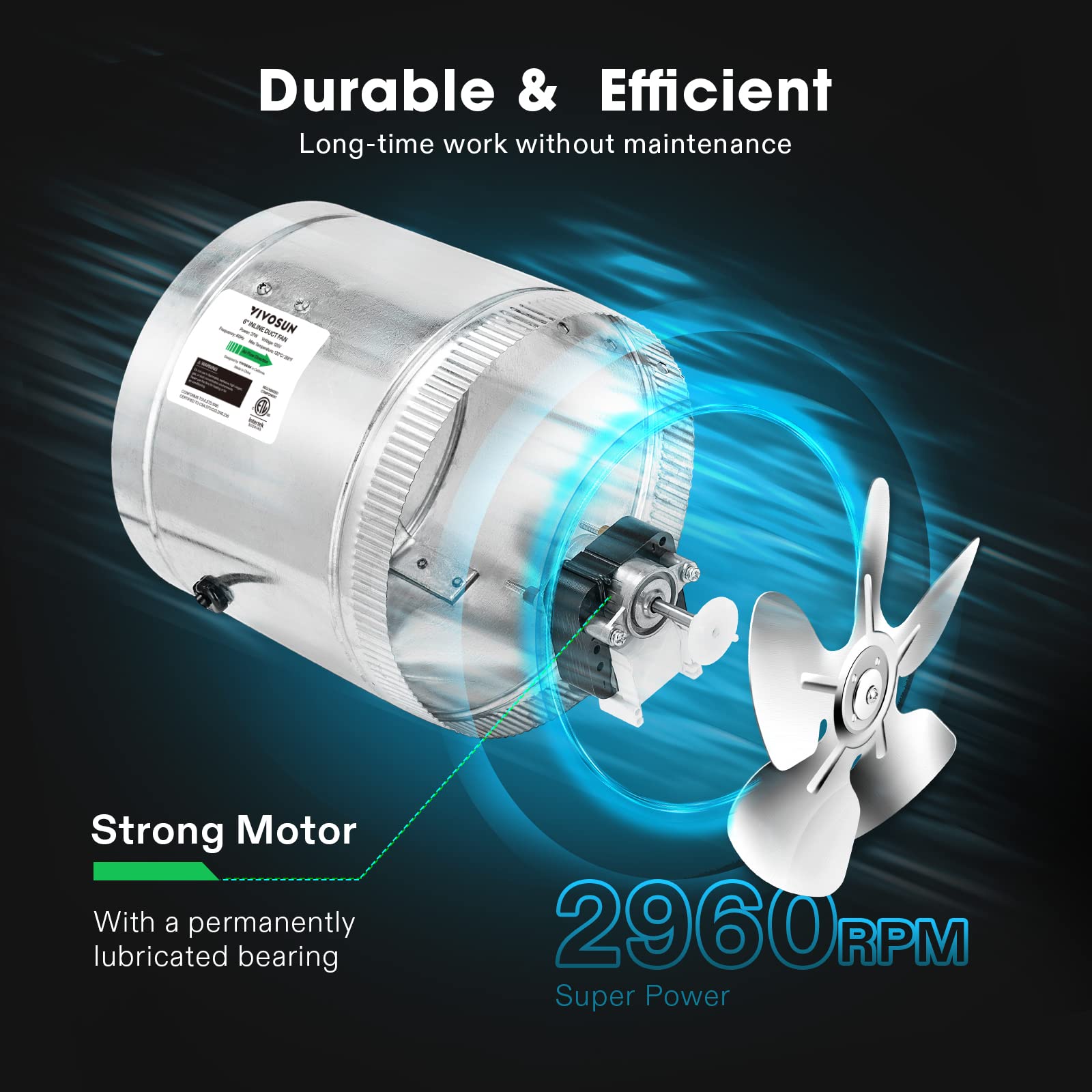VIVOSUN 6 Inch Inline Duct Fan with Stainless Steel Clamps - High CFM Ventilation Fan for Grow Tents, Hydroponics & Indoor Air Circulation - Quiet & Durable HVAC Exhaust Fan System