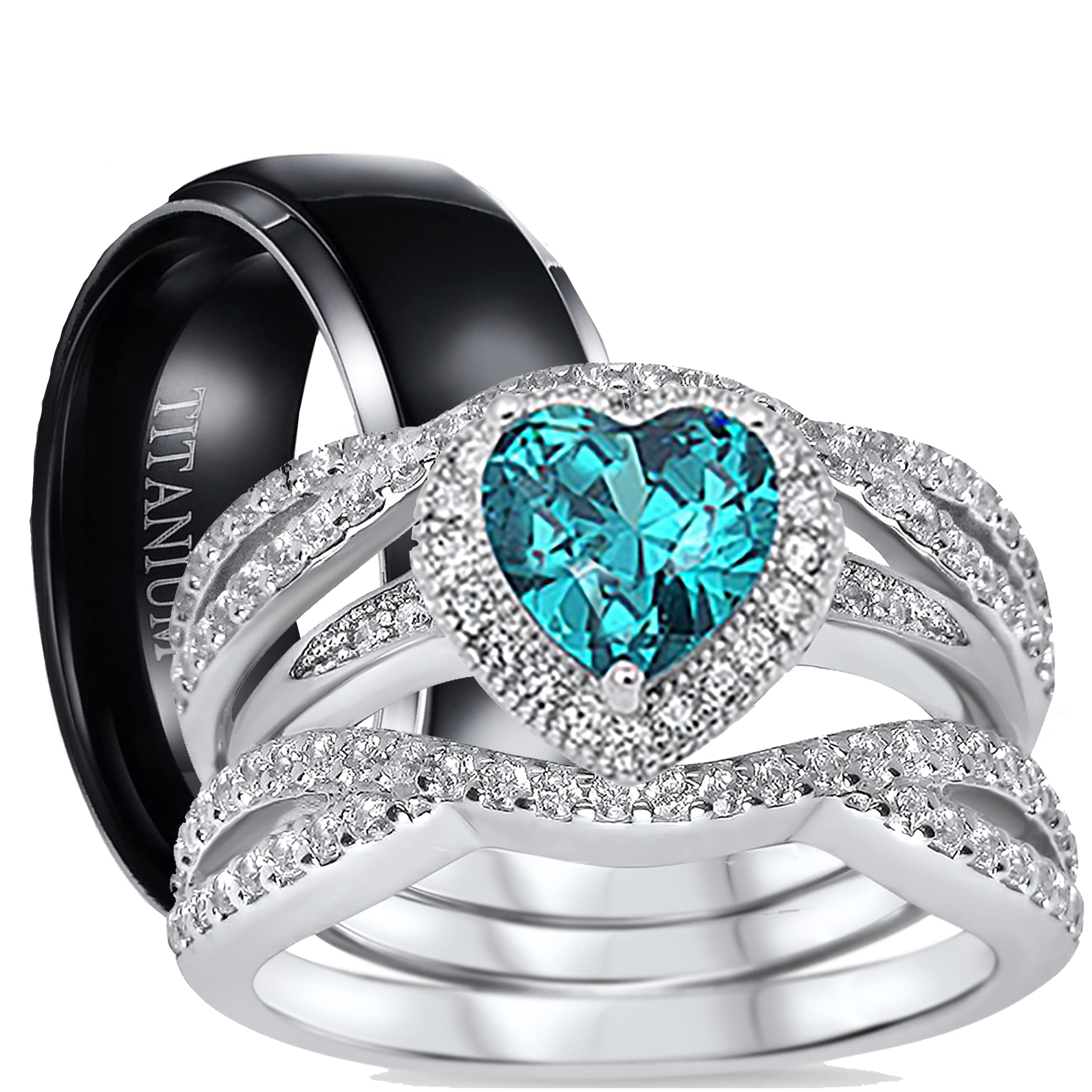 His & Hers Wedding Ring Set - 3 PCS Bridal Bands for Engagement & Marriage