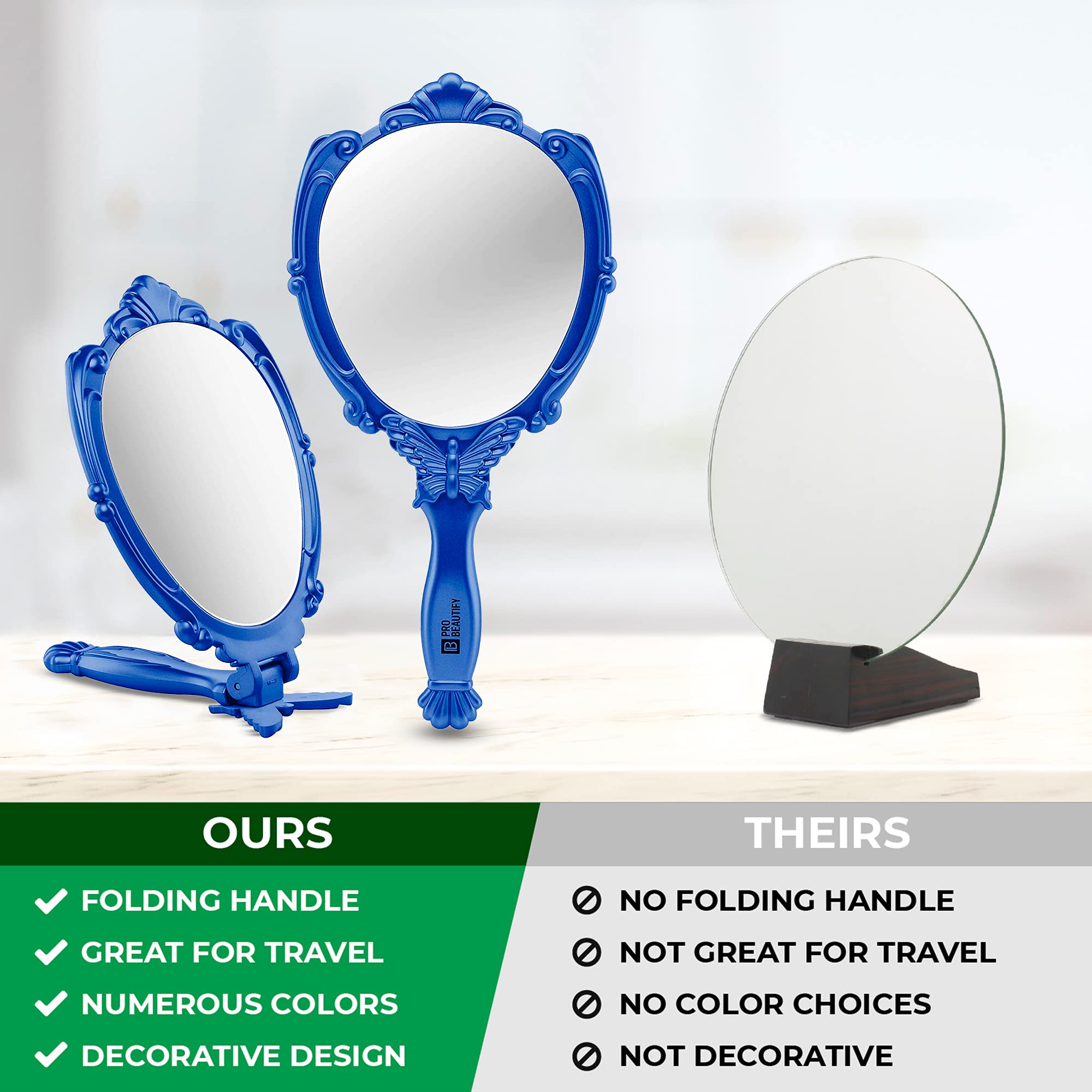 Butterfly Design Handheld Mirror with Handle - 180° Folding Portable Makeup Mirror for Travel, Lightweight & Durable - Perfect for Home, Office, and On-the-Go Touch Ups (Blue)