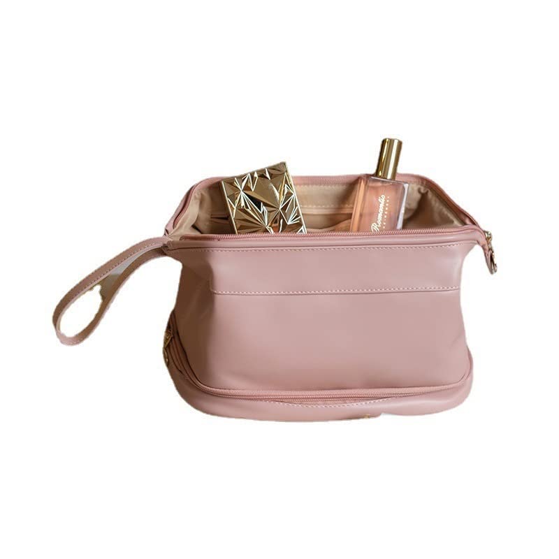 Large Capacity Waterproof Leather Makeup Bag Organizer - Travel Cosmetic Case for Women, Double Pink - Perfect for Travel, Gym & Daily Essentials Storage
