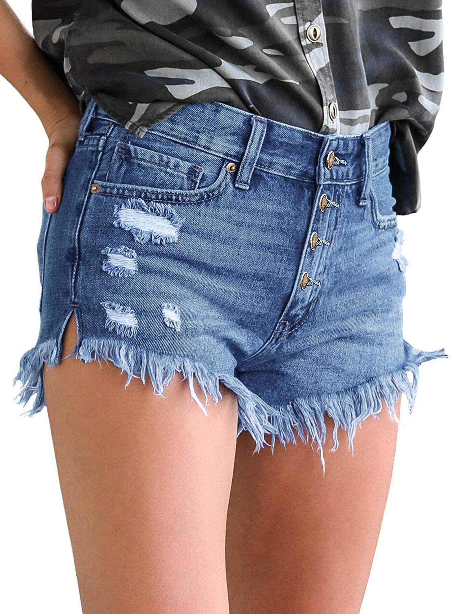 LookbookStore Women's High Waisted Denim Shorts with Sewn Cuffs & Button Details - Perfect for Summer Outfits, Beach Vacations & Casual Wear