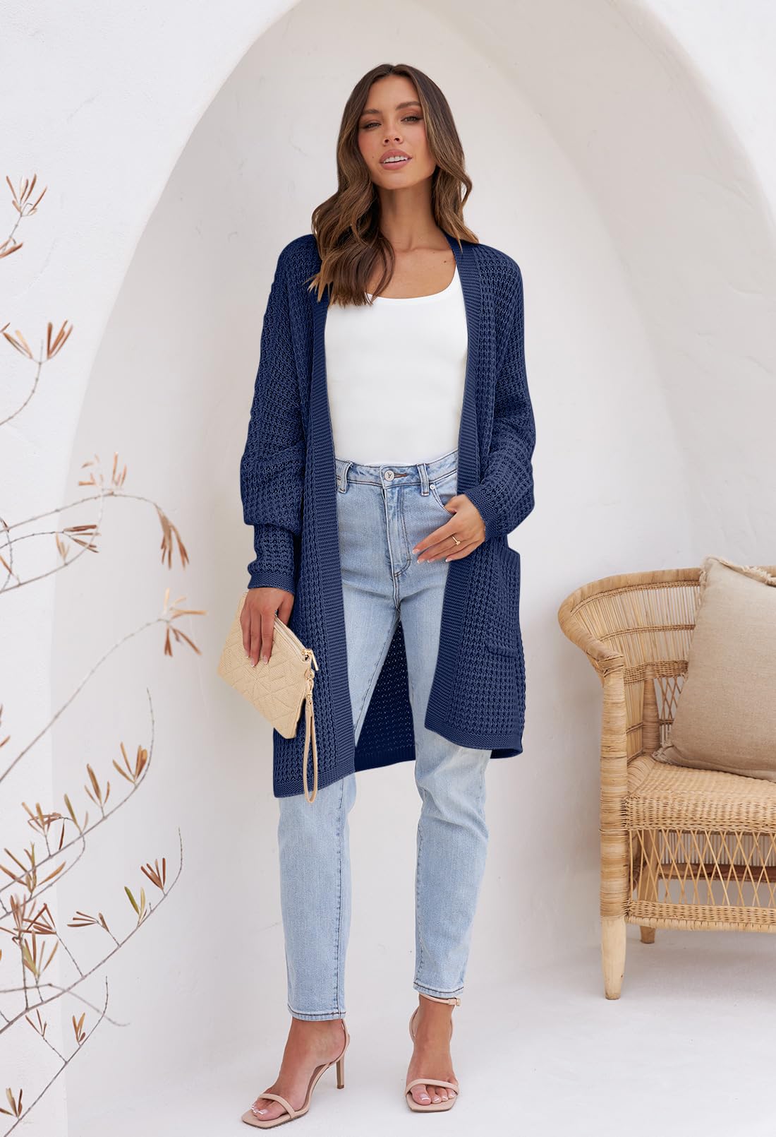 MEROKEETY Women's Oversized Long Batwing Sleeve Cardigan Waffle Knit Sweater Coat - Cozy Winter Layering for Casual Outfits & Lounge Wear