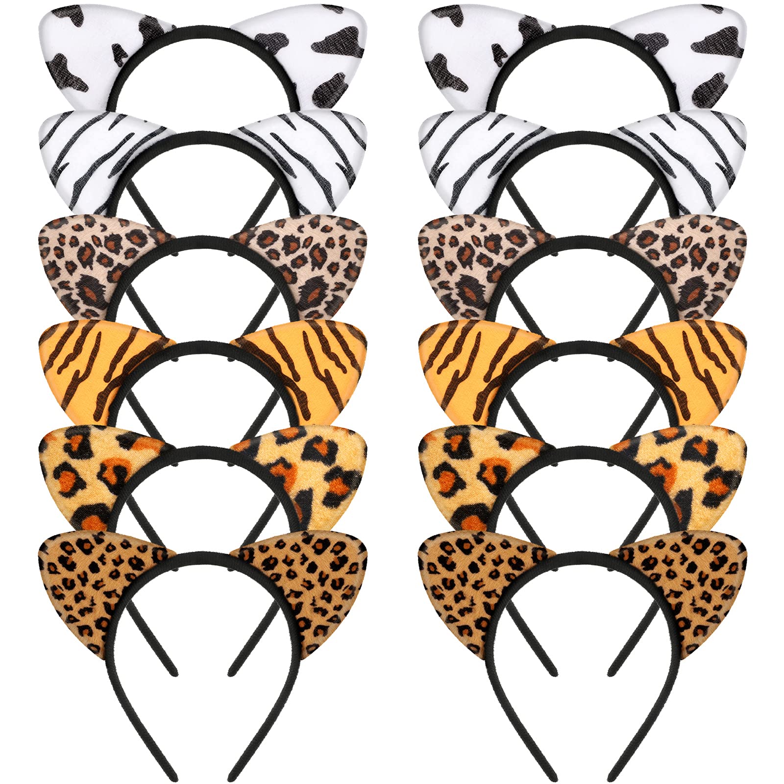 12 Pack Cheetah Print Ears Headband for Women - Leopard Cat Ear Hair Accessories for Halloween, Cosplay, Bachelorette Parties & Costume Events