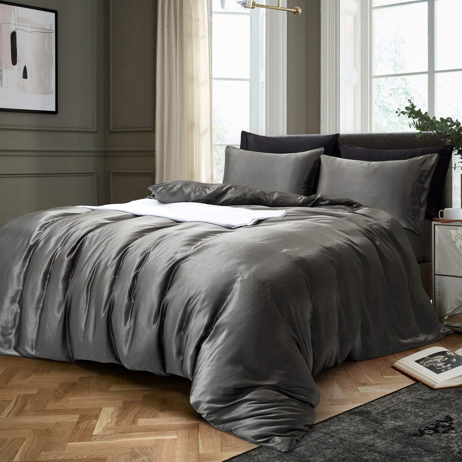 Luxury Ultra Soft Satin King Size Duvet Cover Set - Dark Grey 4 Piece Bedding Set (Duvet Cover, Fitted Sheet 16