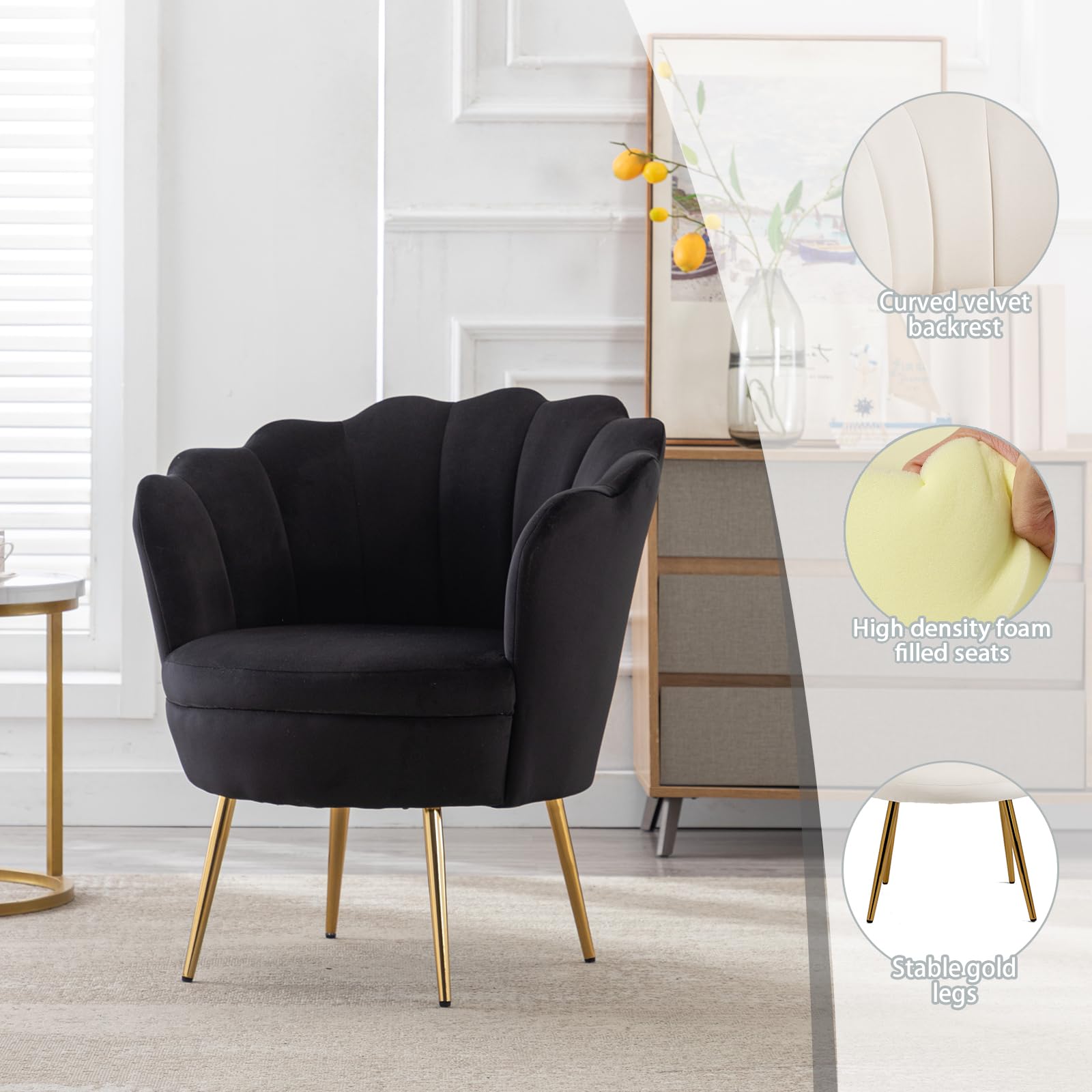 Luxury Velvet Accent Chair - Modern Home Office Desk Chair, Task Vanity Makeup Chair for Living Room & Bedroom (Black) | Perfect for Working, Studying, and Relaxing