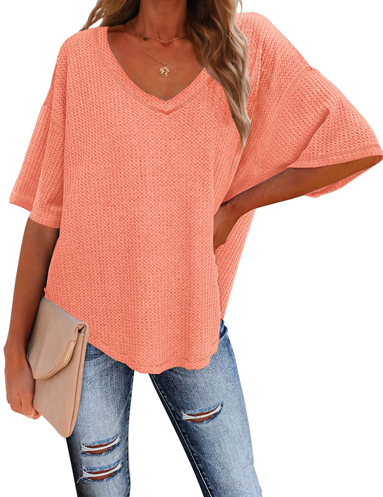 MEROKEETY Women's V Neck Batwing Half Sleeve Shirts - Soft Waffle Knit Loose Blouse, Solid Color Casual Tops for Women | Perfect for Work, Date Night & Everyday Wear