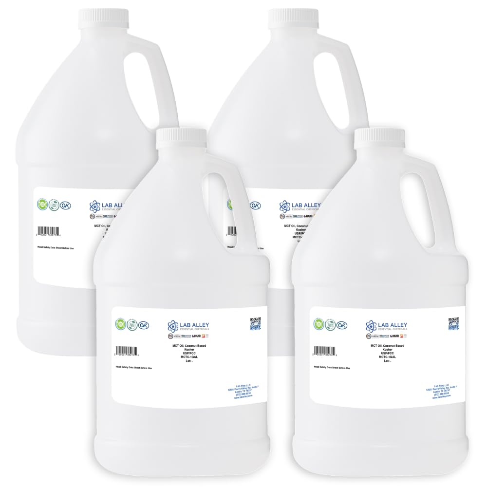 Premium MCT Oil from Coconut - USP/FCC Grade, Kosher & Halal Certified, Non-GMO - Ideal for Keto Diet, Skincare, Soap Making & Food Production - 4 Gallons (4 x 1 Gallon Bottles) - Perfect for Bulletproof Coffee, Weight Management & Natural Beauty Recipes