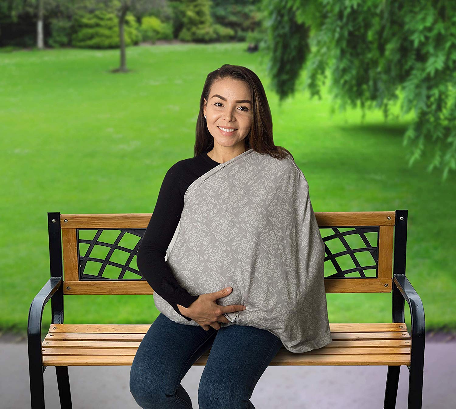 Little Me 4-in-1 Nursing Cover & Baby Car Seat Cover - Convertible Infinity Scarf, Shopping Cart Cover & Stroller Canopy for Moms - Soft Multipurpose Shawl (Damask Gray) - Perfect for Breastfeeding, Outings & Travel with Baby