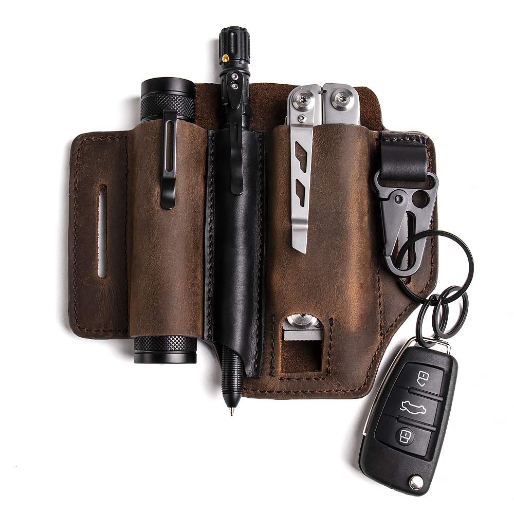 Leatherman Multitool Belt Sheath - Premium Leather EDC Pocket Organizer for Men with Pen Holder, Key Fob & Flashlight Sheath - Perfect for Camping, Hiking & Everyday Carry (Dark Brown)