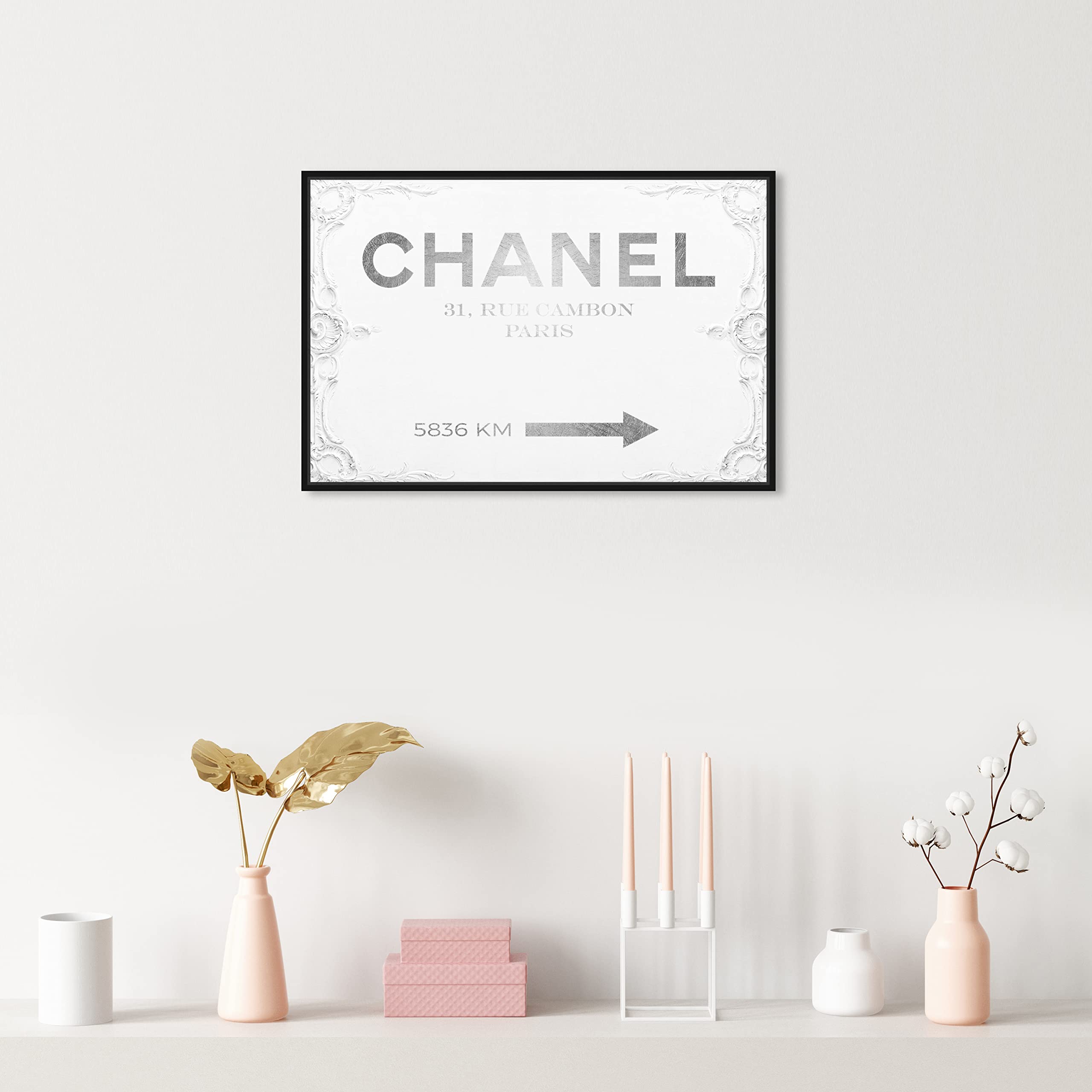 Oliver Gal Artist Co. Contemporary 16x24 Inch Couture Road Sign Rococo Framed Canvas Wall Art - White Closet Decor for Bedroom, Living Room & Office