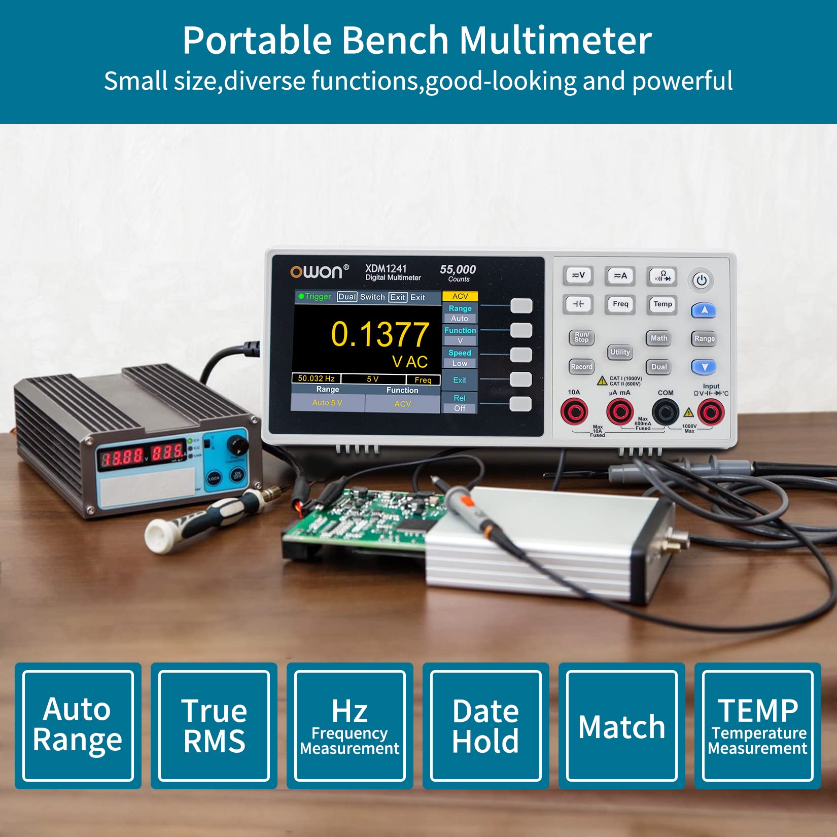 OWON XDM1241 Portable Digital Multimeter - 3.5in LCD True RMS Meter with 55000 Counts, Temperature Measurement for Electronics, Labs & Factories | Ideal for Electricians, Engineers & DIY Home Repairs