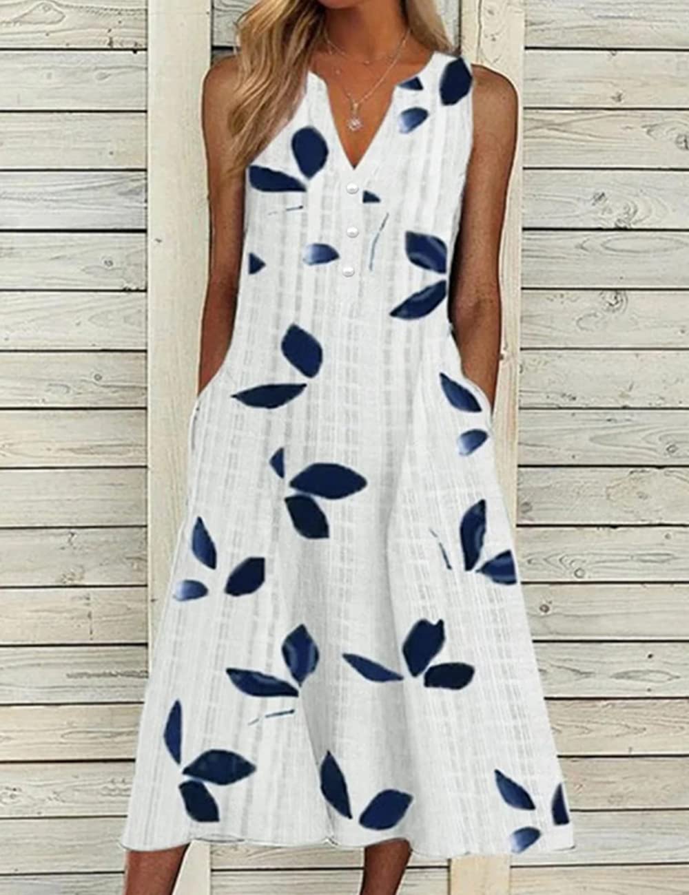Women's Casual Plaid Sleeveless Midi Dress - Summer V-Neck Button Down Loose Sun Dress with Pockets | Perfect for Beach Outings, Picnics & Summer Vacations