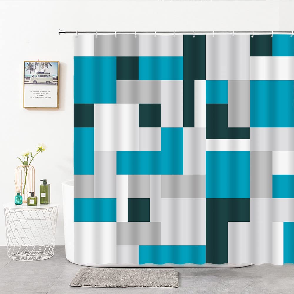 Modern Abstract Geometric Shower Curtain - Blue Black Grey Mid Century Design, Polyester Fabric Bathroom Decor with 12 Hooks (70x84 Inches) | Perfect for Contemporary Bathrooms & Spa-Like Retreats