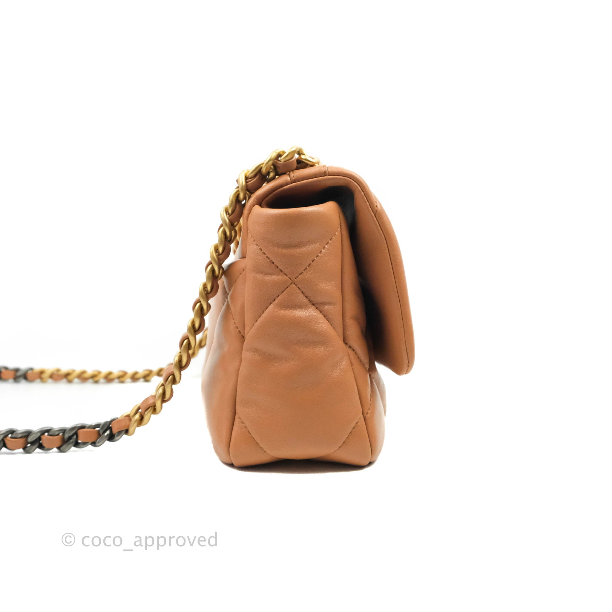 Authentic Chanel 19 Small Handbag in Caramel Dark Beige Lambskin with Mixed Hardware - 21K Collection | Luxury Crossbody Bag for Women, Perfect for Date Night & Special Occasions