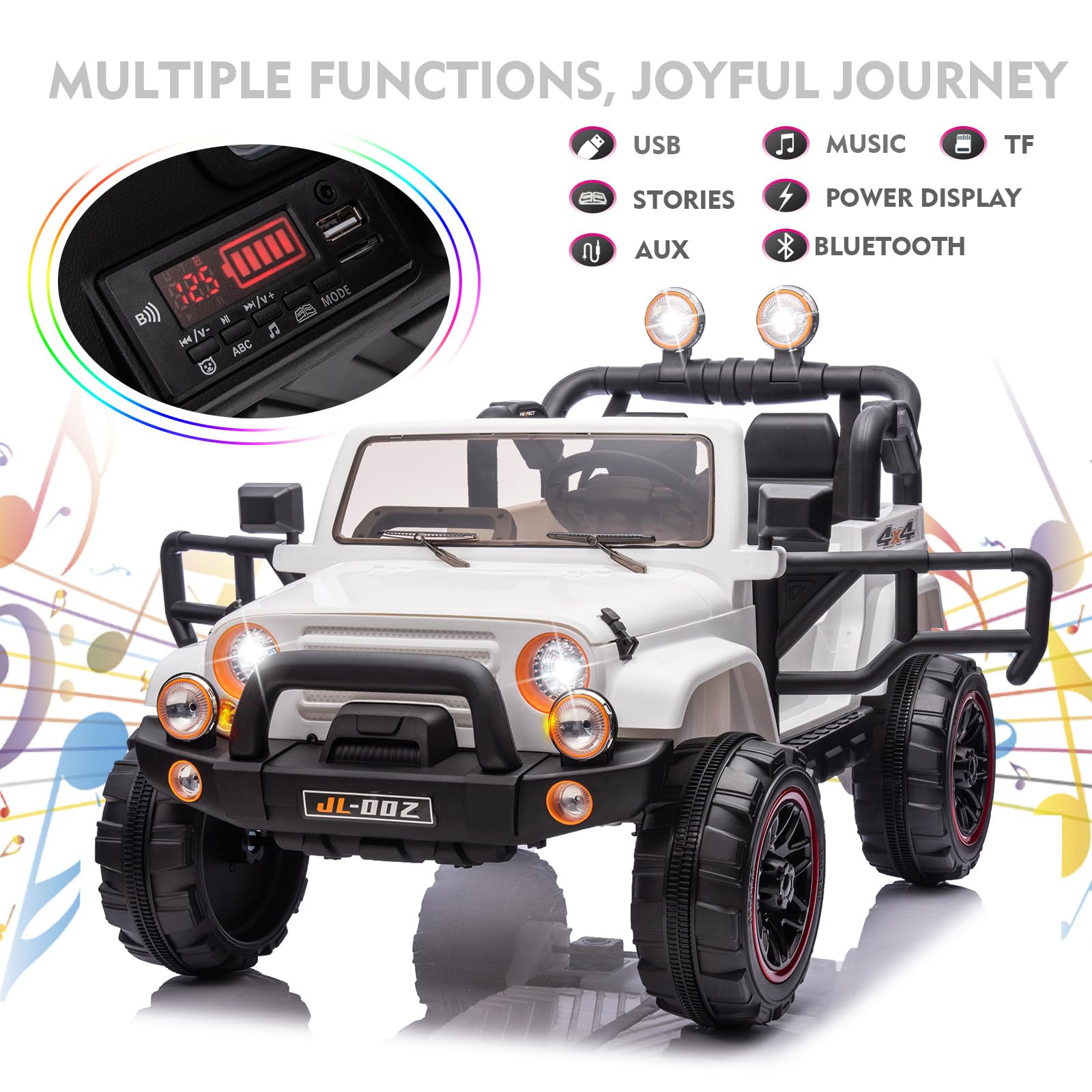 12V Kids Electric Ride On Truck - 2 Seater with Parental Remote Control, MP3 Player, LED Lights & Spring Suspension - White Children's Battery Powered Car for Outdoor Play & Backyard Fun