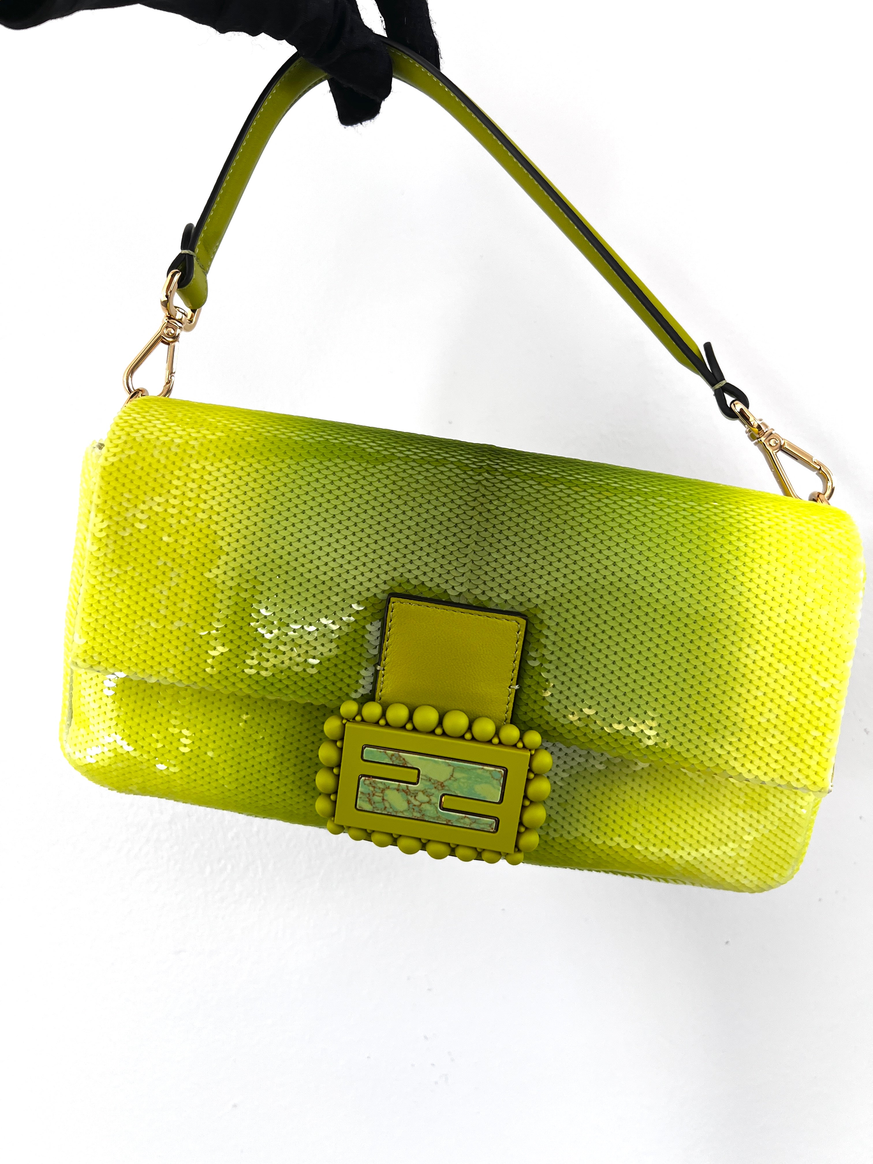 Fendi & SJP Green Sequin Baguette Bag - Luxury Designer Clutch for Evening Parties, Weddings & Special Occasions
