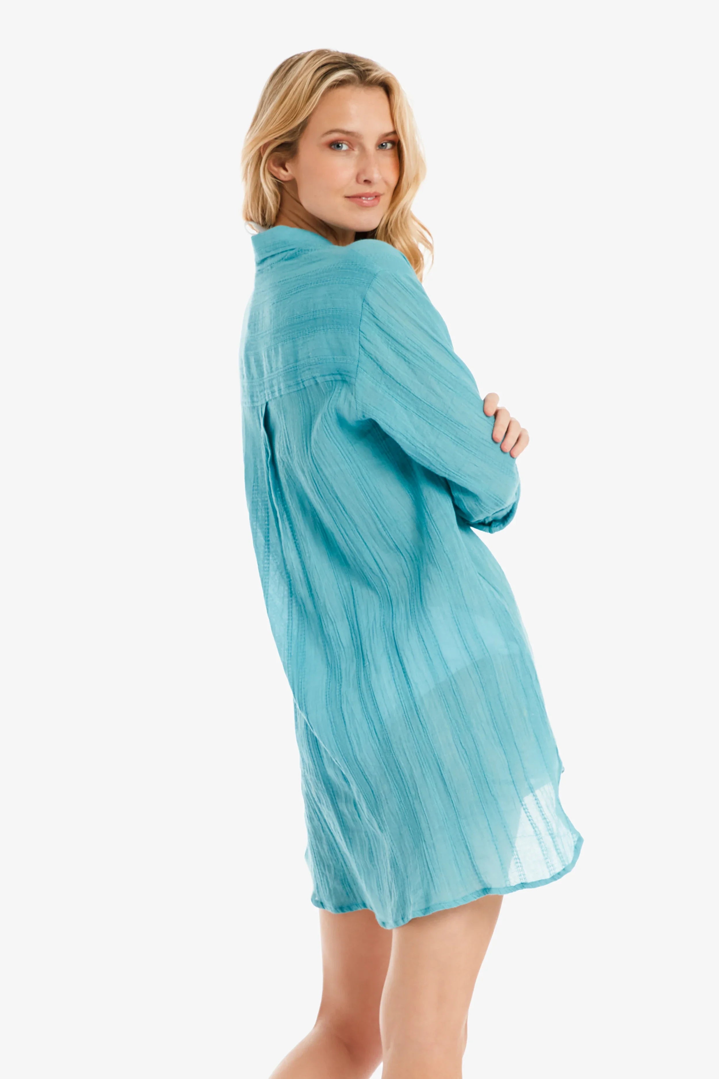 Relaxed Fit Long Sleeve Shirt Dress for Women - Coastal Blue Casual Wear | Perfect for Beach Outings, Weekend Brunch & Summer Travel