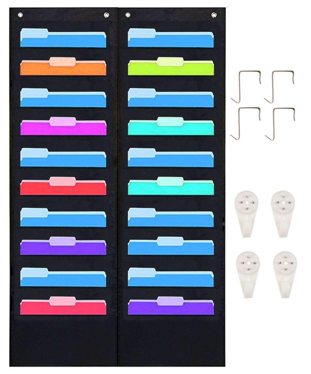 20-Pocket Hanging File Organizer Rack - Wall Mount or Over The Door Storage for Office, Home & Classroom - Perfect for Files, Wrapping Paper, Magazines & Art Supplies with 4 Metal Hooks - Space-Saving Vertical Desktop & Wall Decoration Solution