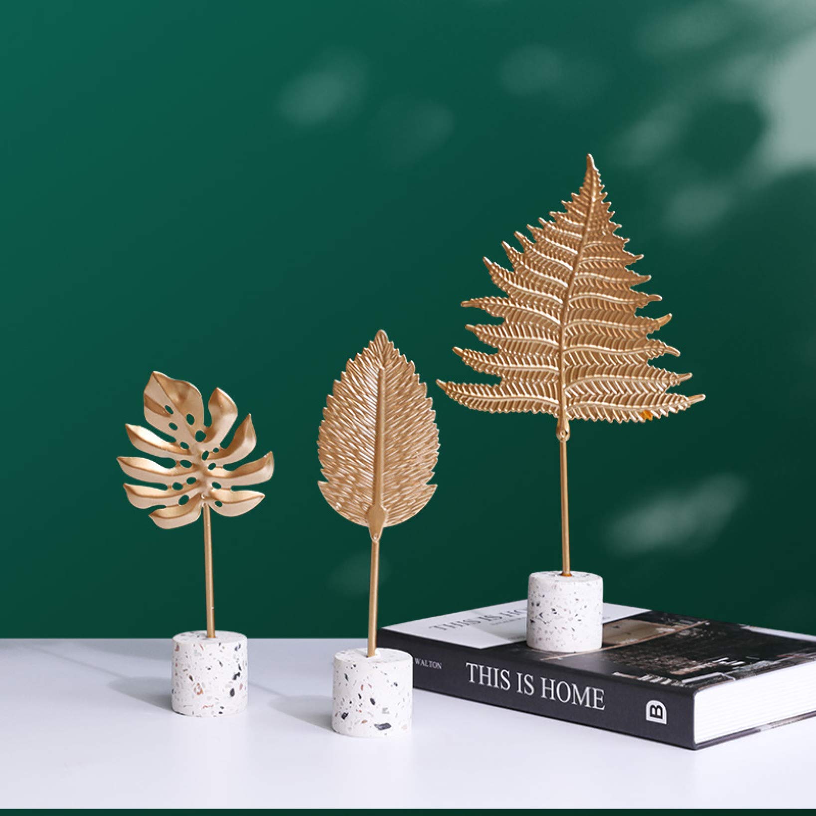 KKONION Nordic Golden Leaf Statue - Modern Metal Flower Sculpture, Contemporary Art Plant Figurine for Home & Office Decor - Perfect for Bookshelf, TV Stand, Desk & Living Room Décor