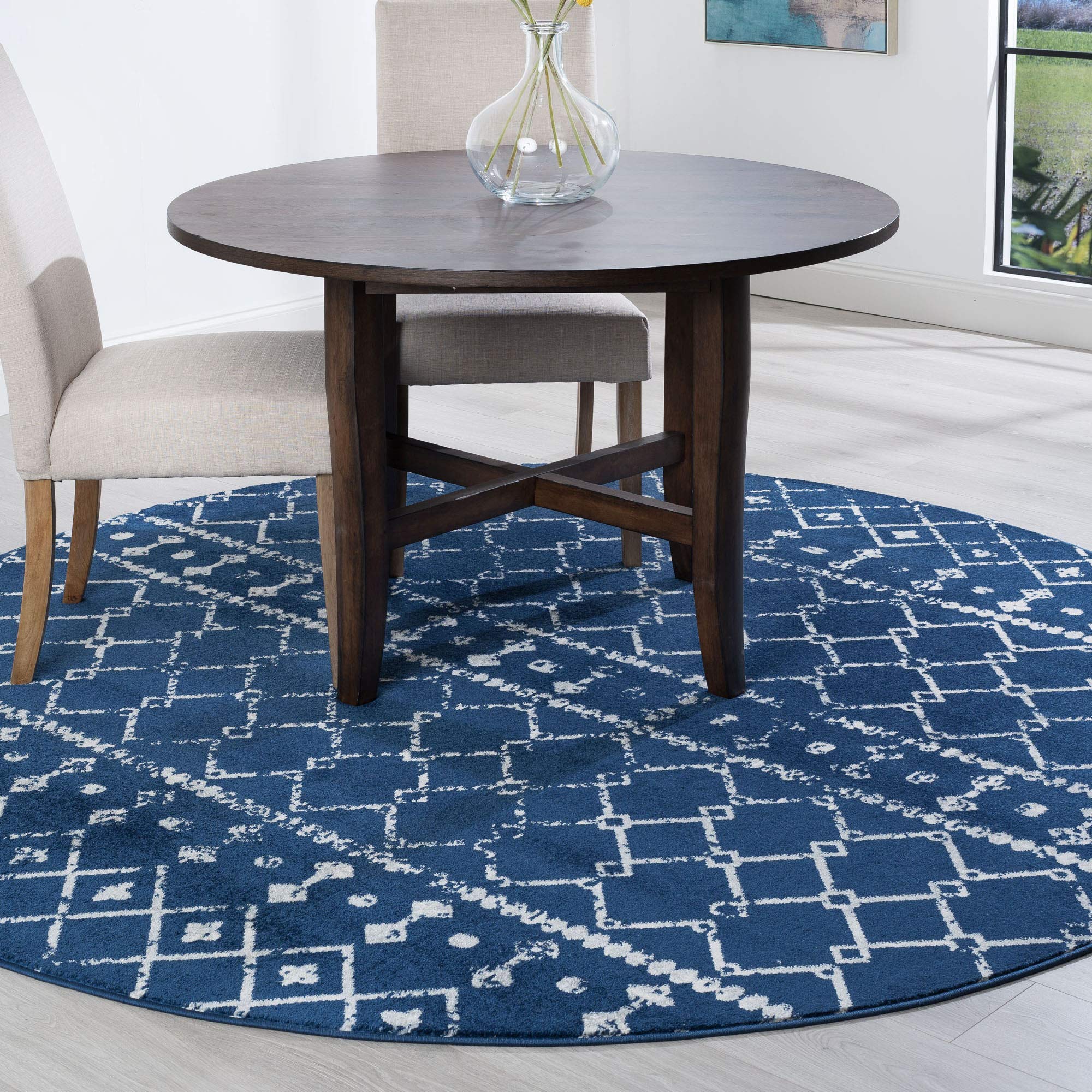 Ayden Navy 8ft Round Boho Area Rug - Geometric Pattern Indoor Rug for Living Room, Bedroom, Dining Room & Entryway - Soft Foyer Carpet for Home Decor