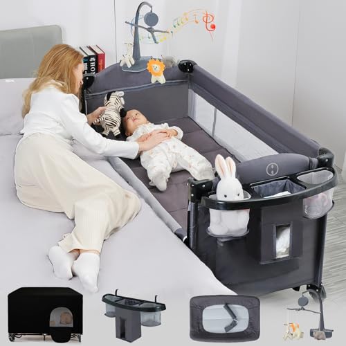 5-in-1 Baby Bassinet Bedside Sleeper with Diaper Changer, Blackout Cover & Storage | Portable Playard with Mattress & Soothing Music | Newborn to Toddler Crib (Grey) - Perfect for Nursery, Bedroom & Travel Use