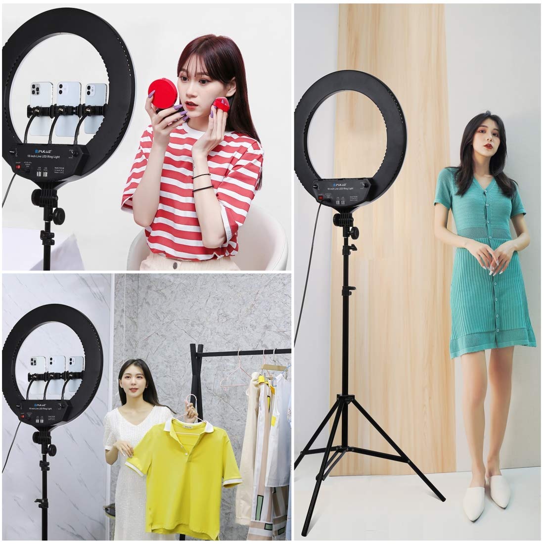 PULUZ 18-inch LED Ring Light with Remote - 3 Modes Dimmable USB Photography Light for Vlogging, Live Streaming & Video Shooting - Includes 3 Phone Clamps (Holder Not Included) - Perfect for YouTube, TikTok, Instagram & Zoom Meetings