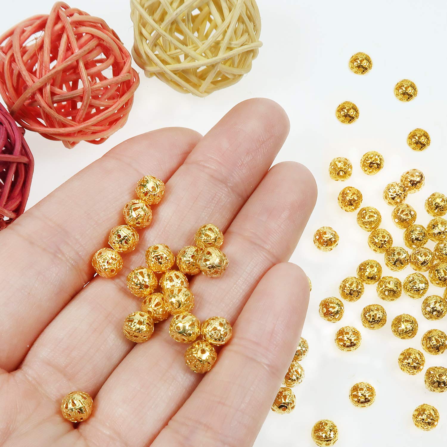 100pcs 6mm Gold Spacer Beads - Hollow Filigree Round Metal Beads for DIY Jewelry Making, Bracelets, Necklaces & Earrings - Perfect for Crafting, Gift Making and Boho Style Accessories