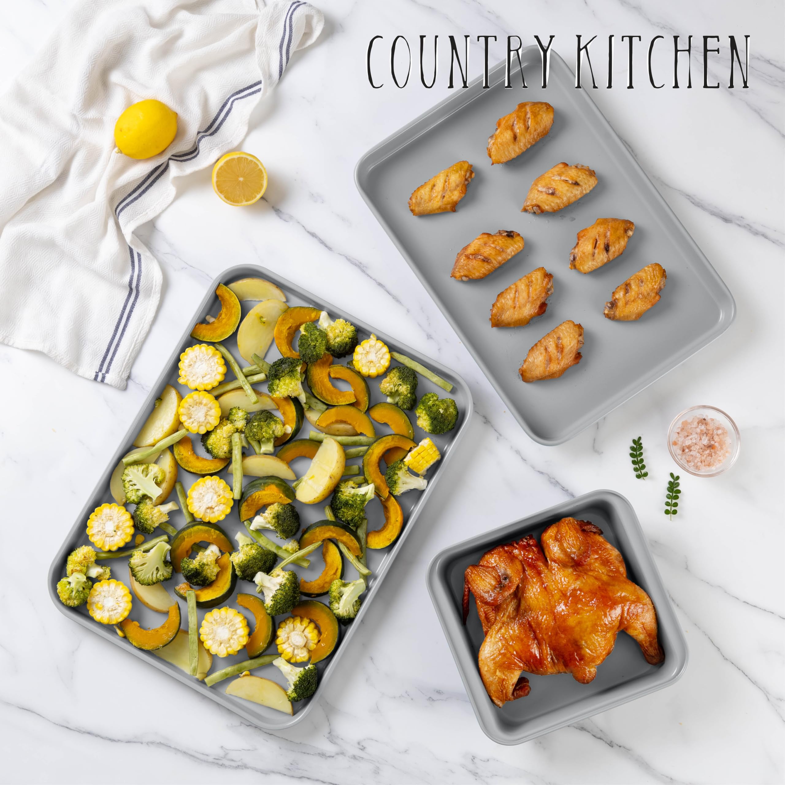 Nonstick Stackable Bakeware Set - 13-Piece Durable & Easy Release Country Kitchen Baking Pans in Denim Blue - Perfect for Cakes, Cookies, and Family Dinners