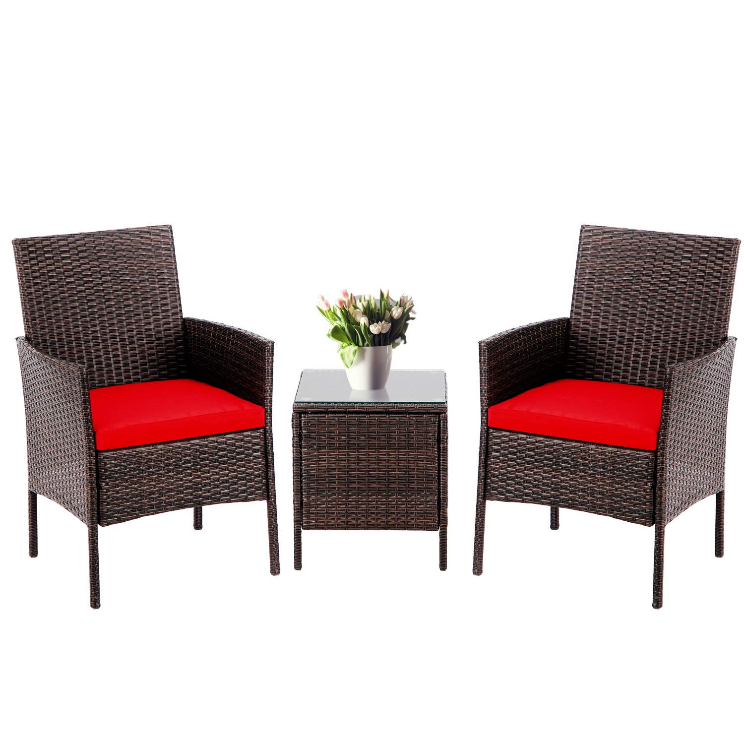 SUNCROWN 3-Piece Outdoor Patio Furniture Set - All-Weather Brown Wicker Bistro Table with Tempered Glass Top & Red Cushions - Perfect for Garden, Balcony, and Poolside Relaxation