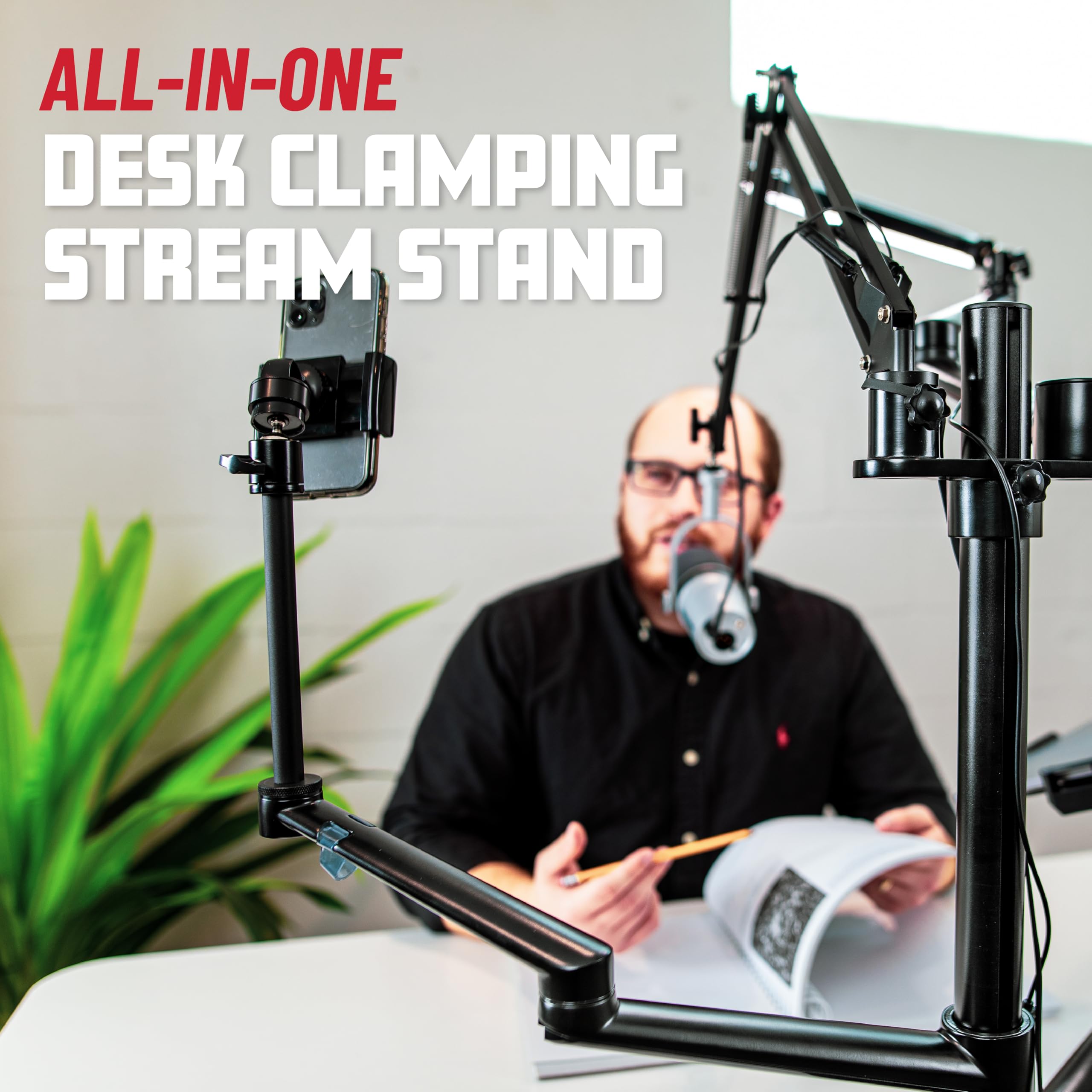 Gator Frameworks 6-in-1 Content Creator Streaming Desktop Stand Set - Smartphone, Tablet & Laptop Holder with VESA Mount, Ring Light & Mic Boom Arm (Black, GFW-STREAMSTAND) - Perfect for Live Streaming, YouTube Videos, Podcasting & Home Office Setup