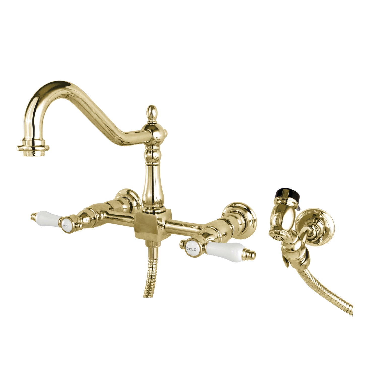 Bel Air KS1242BPLBS Double Handle 3-Hole Wall Mount Bridge Kitchen Faucet with Brass Sprayer - Polished Brass Finish - Ideal for Farmhouse, Vintage & Industrial Style Kitchens