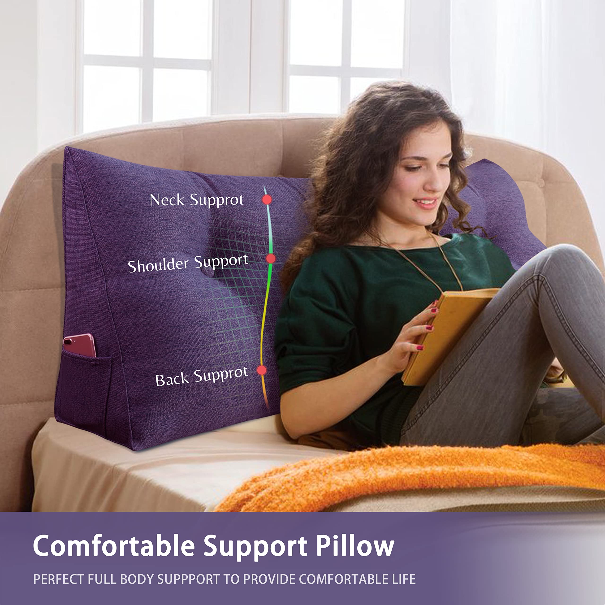 Triangular Headboard Wedge Pillow - Upholstered Linen Back Cushion for Daybeds, Reading & Lumbar Support - Light Purple Full Size | Perfect for Bed Rest, Gap Filling & Back Positioning