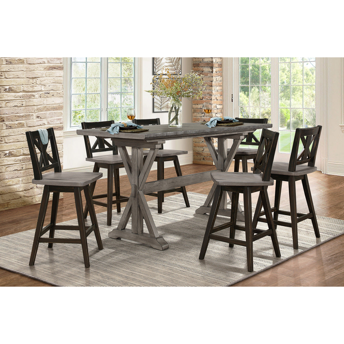 Black Swivel Counter Height Chair with X Back - Set of 2 Bar Stools for Kitchen Island, Breakfast Nook & Home Bar | Modern Industrial Dining Furniture
