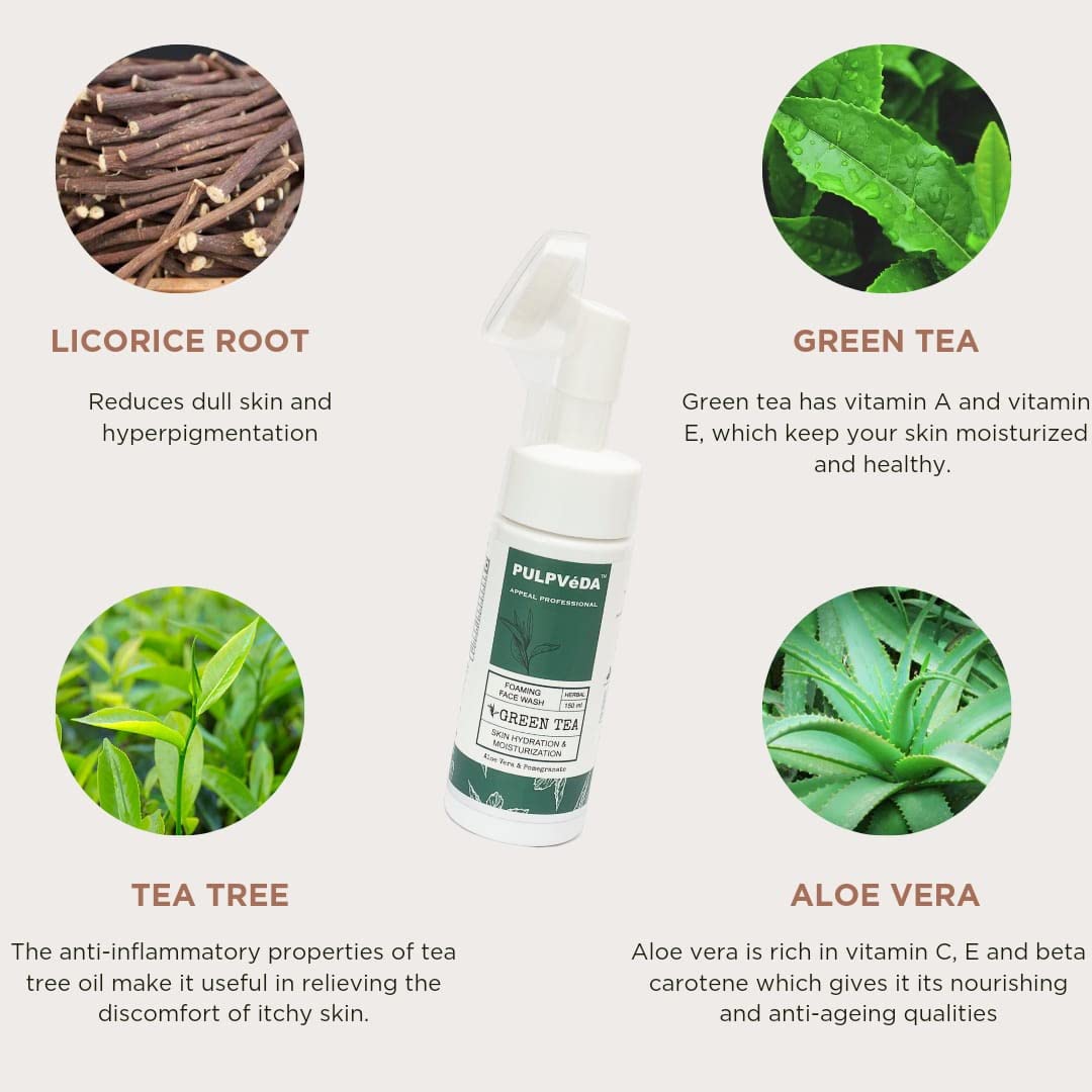 PULPVEDA Green Tea Foaming Face Wash with Aloe Vera & Pomegranate - Hydrating Cleanser for Dry Skin, Blemishes & Toxins | 150ml | Gentle Daily Facial Cleanser for Glowing Skin at Home or Travel