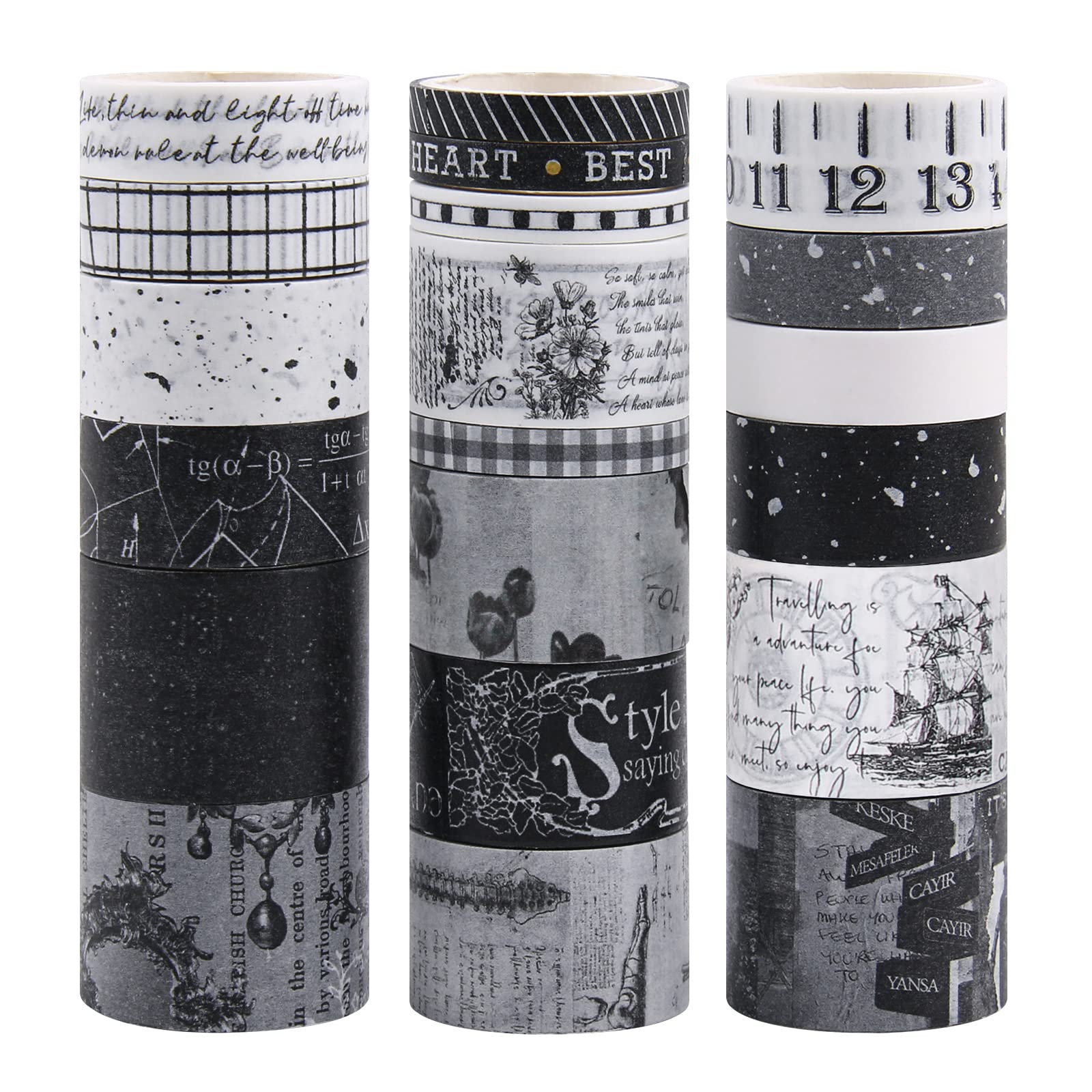 Gothic Aesthetic Black and White Washi Tape Set - 20 Rolls Japanese Decorative Tape for Scrapbooking, Journaling, Planner & DIY Crafts - Perfect for Bullet Journals, Gift Wrapping & Home Decor