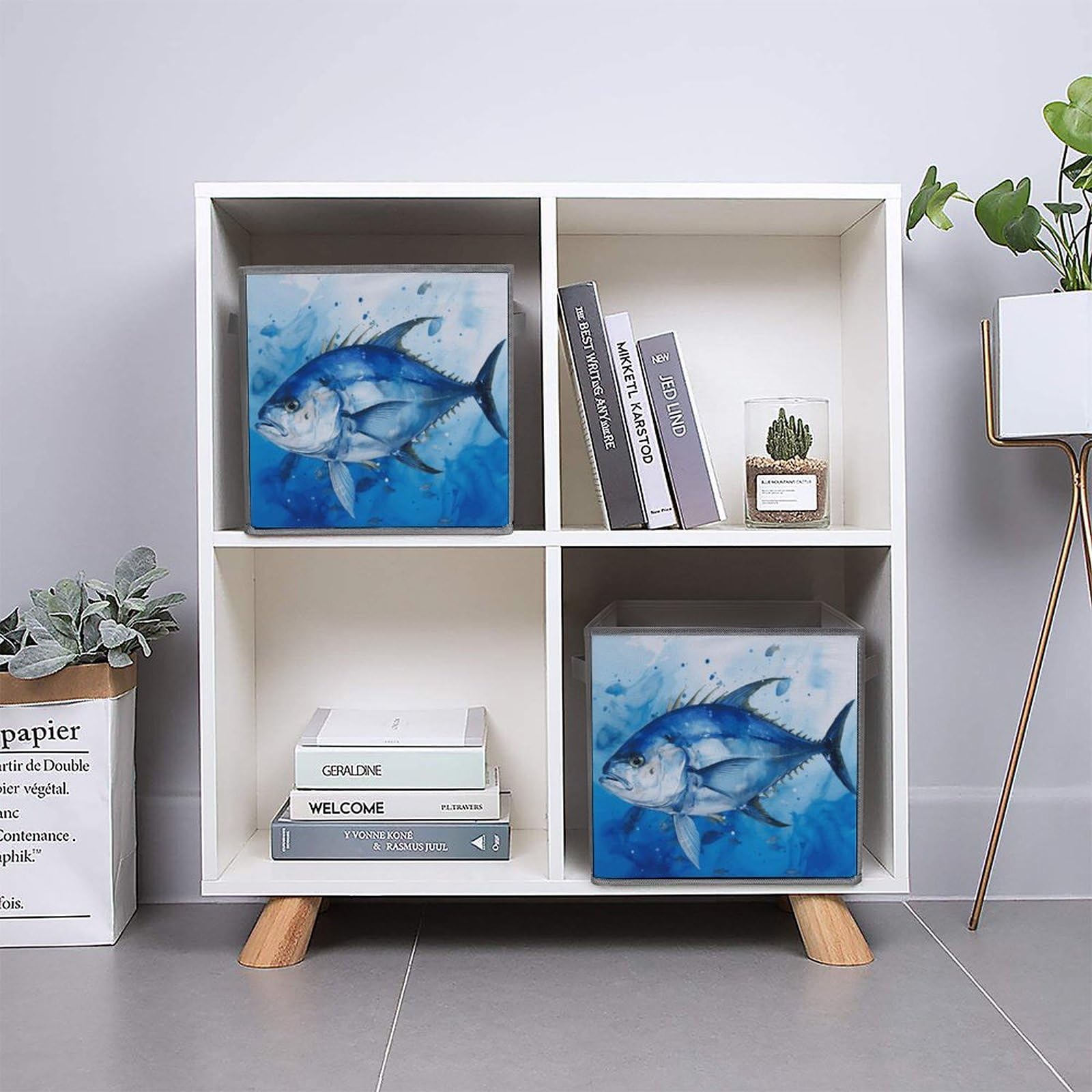 6-Piece Collapsible Storage Bins with Handles - Blue Fish Print Foldable Organizing Baskets for Shelves, Closet, Bathroom & Kids Room | Multi-Purpose Storage Containers for Home Organization