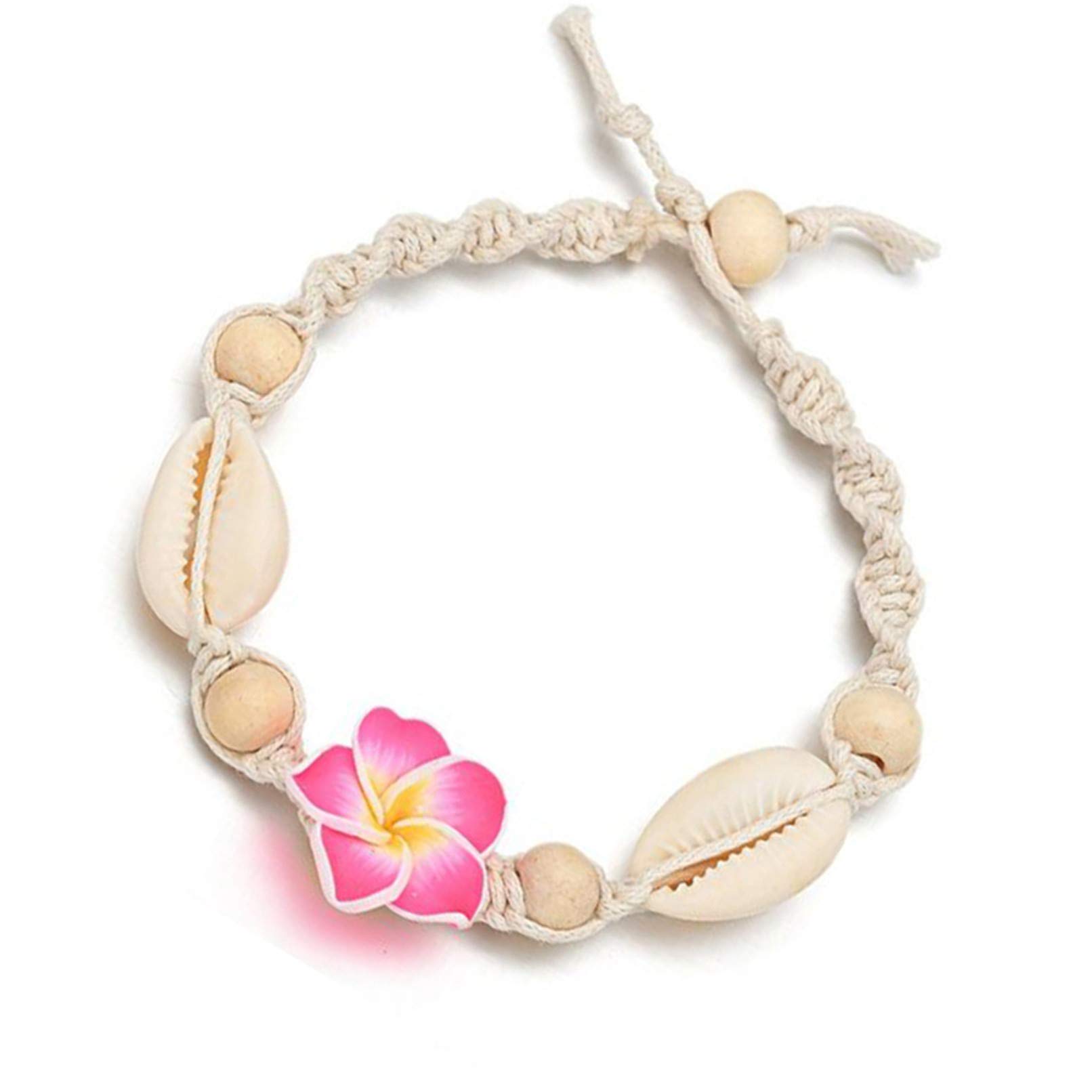 Sevenfly Bohemian Clay Flower Anklet with White Shell - Adjustable Ankle Bracelet Chain for Women & Girls | Beach Wedding Vacation Jewelry Accessories (Pink)
