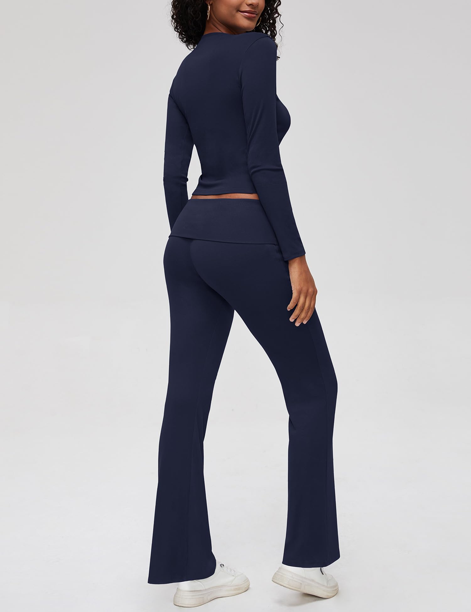 ZENWEI Women's 2-Piece Lounge Set - Long Sleeve Cropped Yoga Top & Fold-Over Flare Pants Matching Outfit | Comfortable Tracksuit for Yoga, Home, Workout & Casual Wear