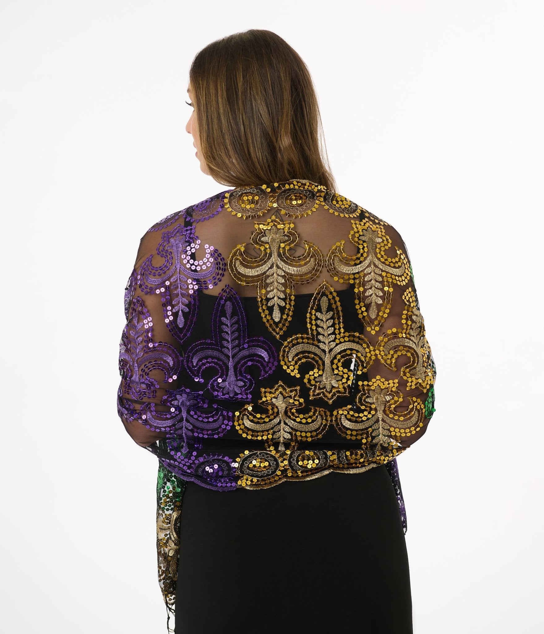 Sparkly Mardi Gras Sequin Mesh Fringe Shawl Wrap - Perfect for Costume Parties, Festivals & Carnival Celebrations