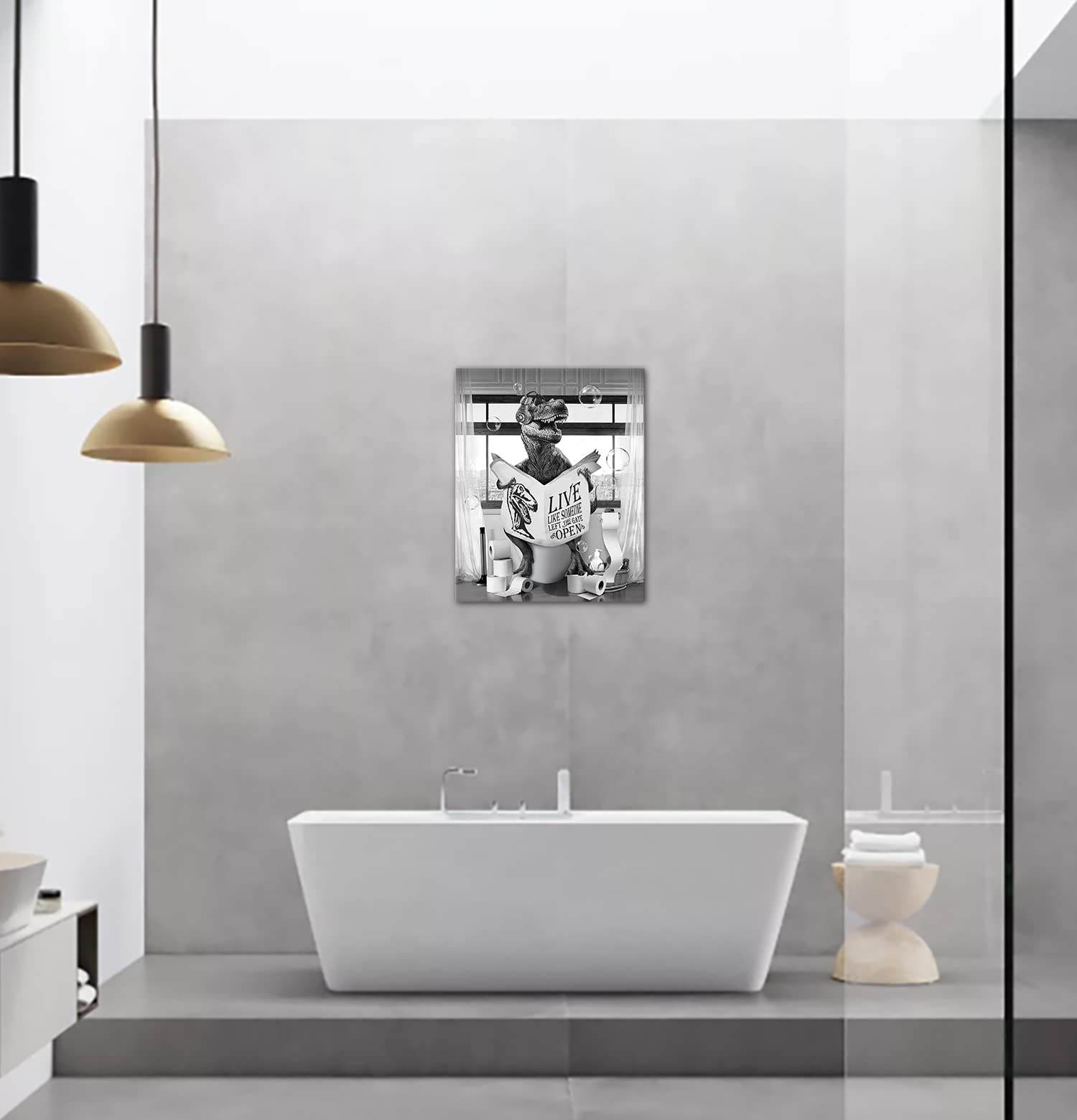 Funny Black and White Dinosaur Wall Art - Modern Farmhouse Bathroom Decor for Kids, Framed Dinosaur Painting Poster 12x16 Inch - Perfect for Nursery, Playroom & Kids Bathroom Wall Decoration