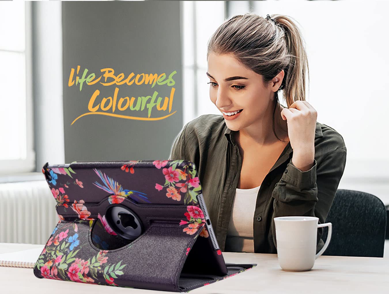 360° Rotating Protective Case for iPad 9.7 Inch (6th/5th Gen) & iPad Air 2 - Auto Sleep/Wake Stand Cover with Shock Absorption - Perfect for Work, Travel & Home Use (Black Hummingbird Design)