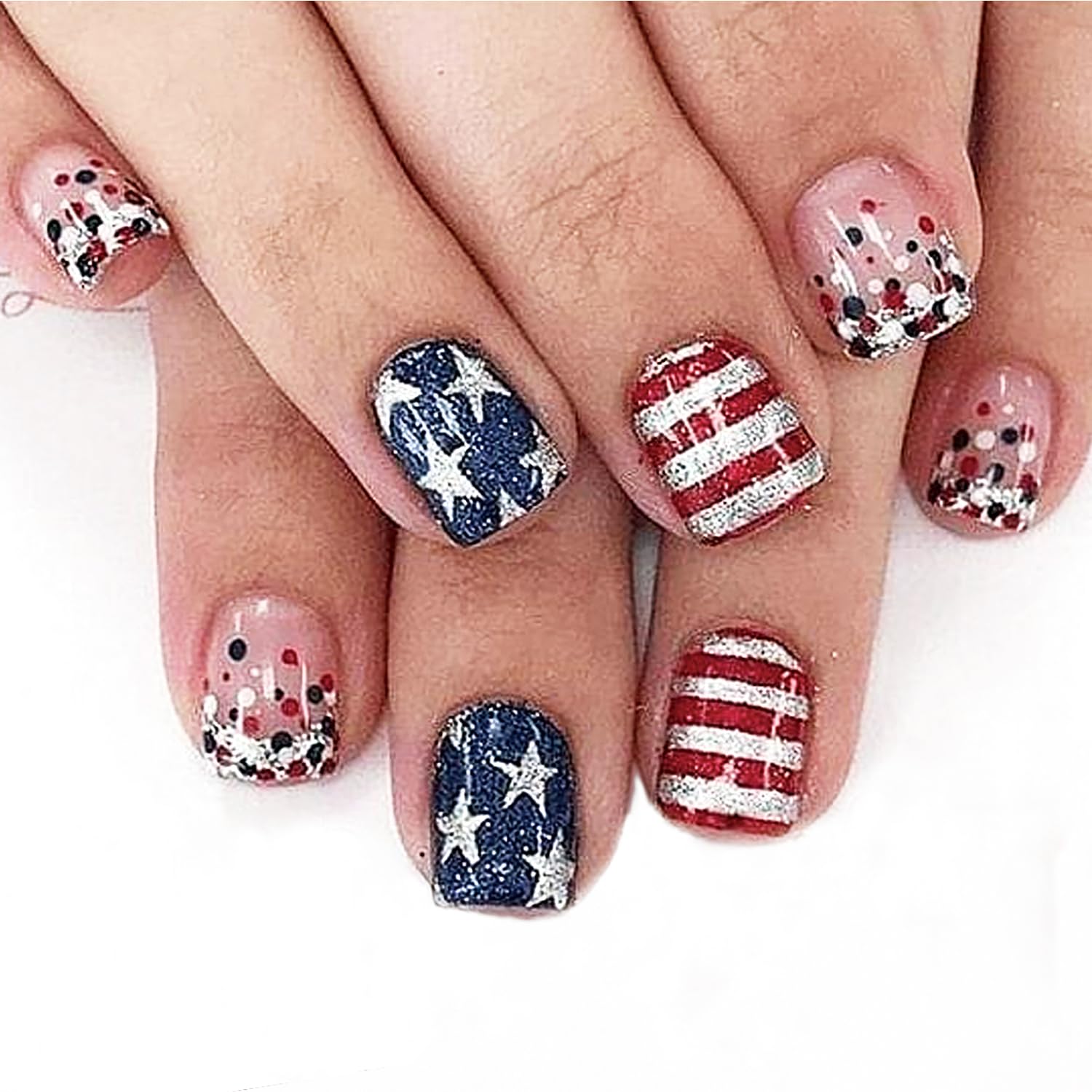 4th of July Press on Nails - Short Square Glitter Acrylic Fake Nails with Patriotic Star Stripe Design | 24Pcs DIY Independence Day False Nails for Women | Perfect for Parties, Celebrations & Nail Art