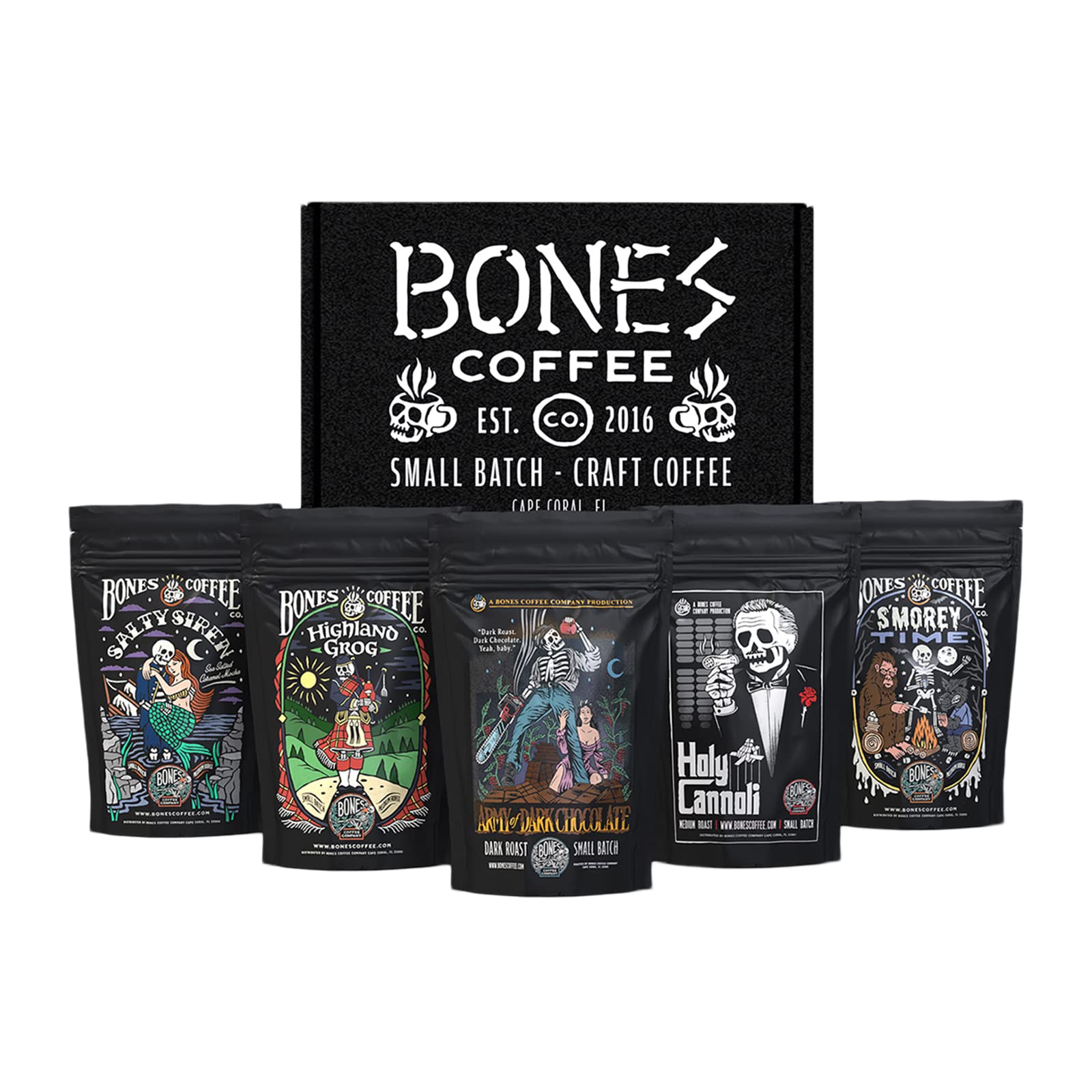Bones Coffee Company Gourmet Flavored Coffee Sampler - Medium Roast Low Acid Ground Coffee Beans Gift Set (4 oz, Pack of 5) | Perfect for Coffee Lovers, Office Break, Home Brewing & Holiday Gifts