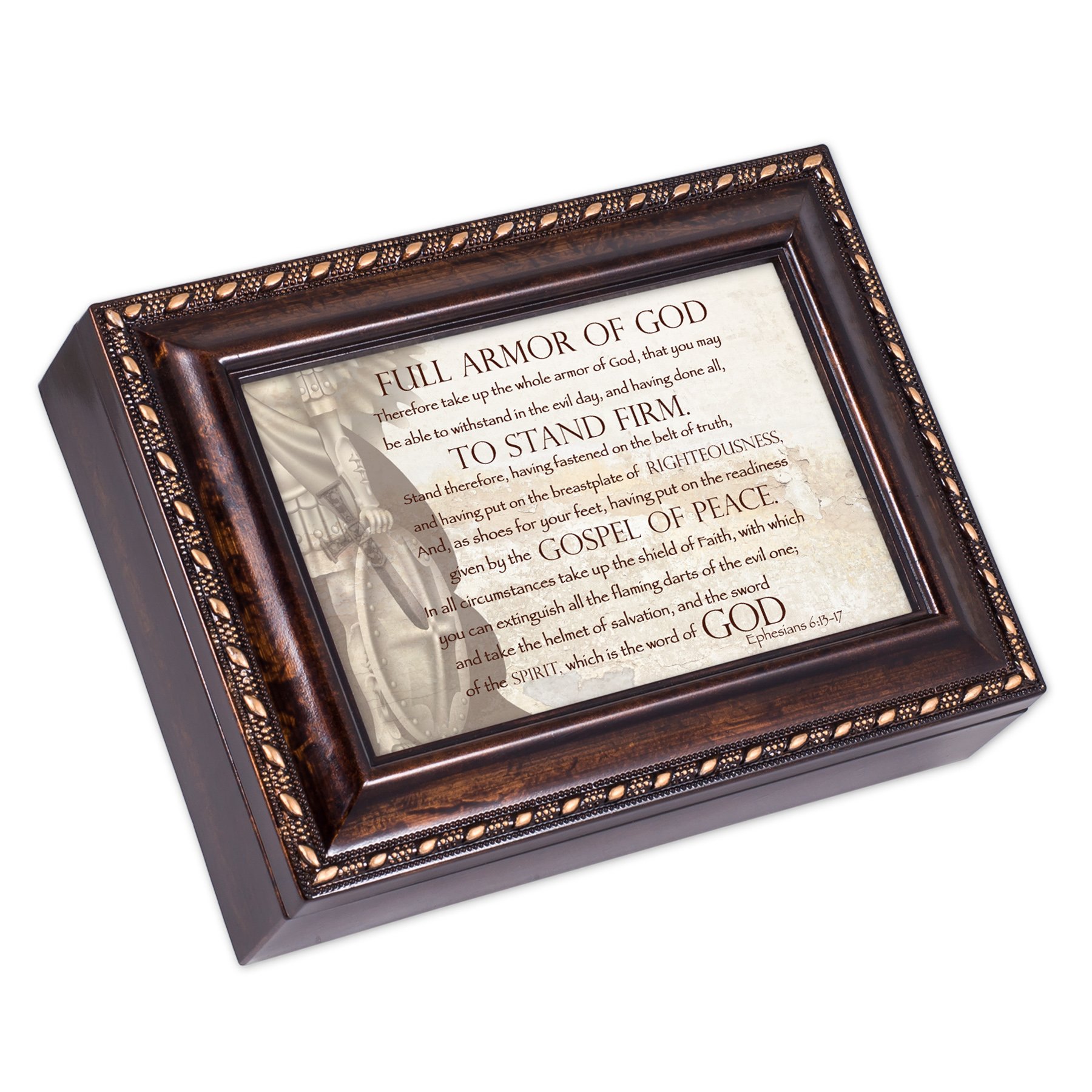 Christian Jewelry Music Box - Cottage Garden Full Armor of God Ephesians 6:13-17 with Burlwood Finish, Plays Canon in D - Perfect for Home Decor, Gift Giving & Spiritual Inspiration