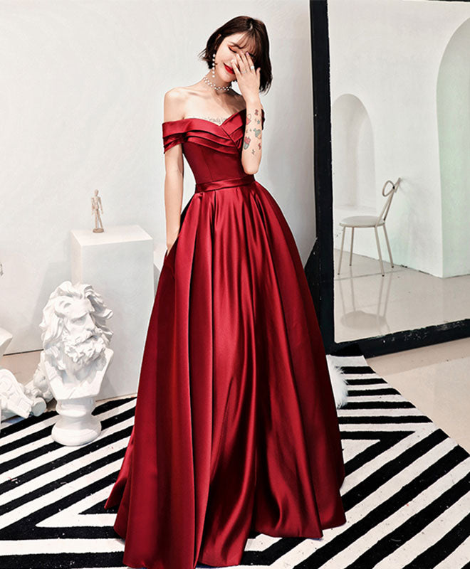 Elegant Burgundy V-Neck Off-Shoulder Long Prom Dress for Women - Formal Evening Gown for Homecoming, Wedding, and Special Occasions